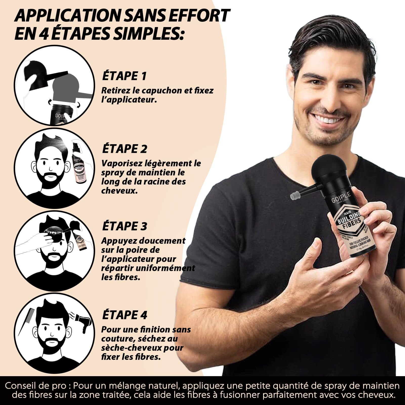 Fibre Capillaire Noir, Fibres Capillaires avec Applicateur en Spray, poudre densifiante cheveux homme pour Augmente le Volume & Carte d’amélioration du barbier(Noir)