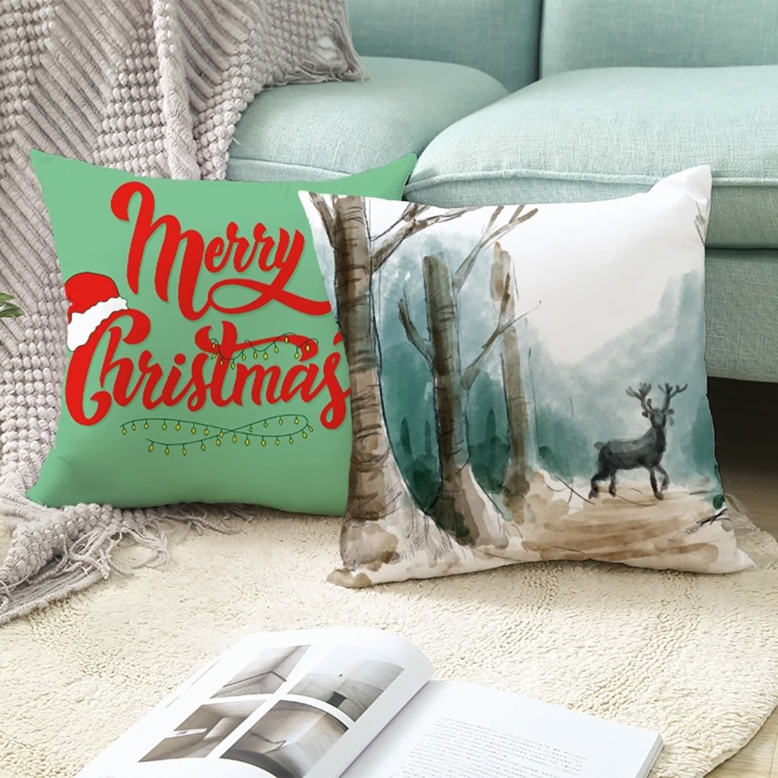 AmDxD Juego de 5 fundas de almohada de 50 x 50 cm, diseño de decoración navideña, fundas de almohada en poliéster, funda de cojín cuadrada, cómoda para sofá, dormitorio, salón, decoración beige,
