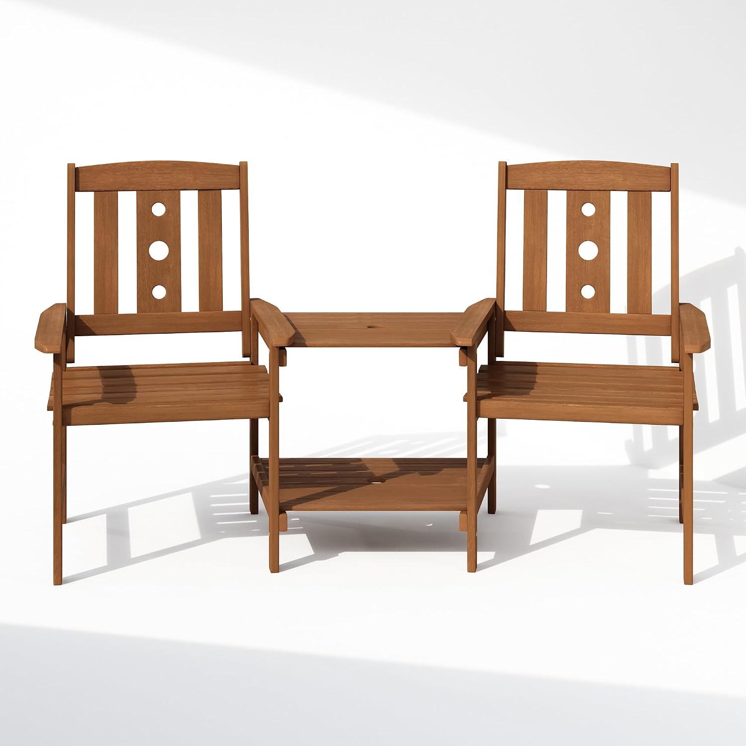 Furinno DALAM Outdoor Dining Set, Bistro Set with Attached Coffee Table and Umbrella Hole, for Patio, Garden, Porch, Natural