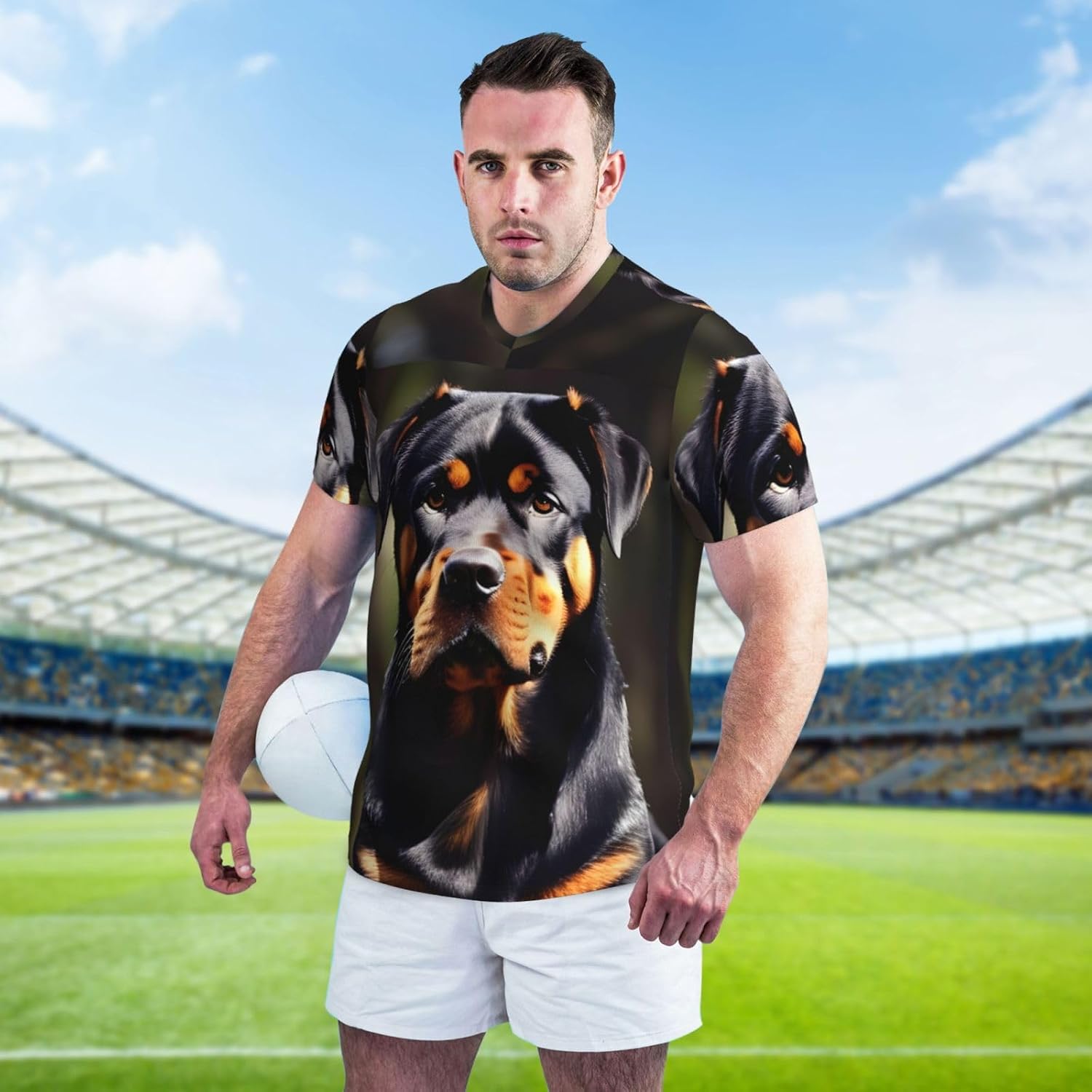 Rottweiler Wallpaper Rugby Football Jersey for Men, Comfortable V-Neck Loose Fit Top for Team Sports Athletics