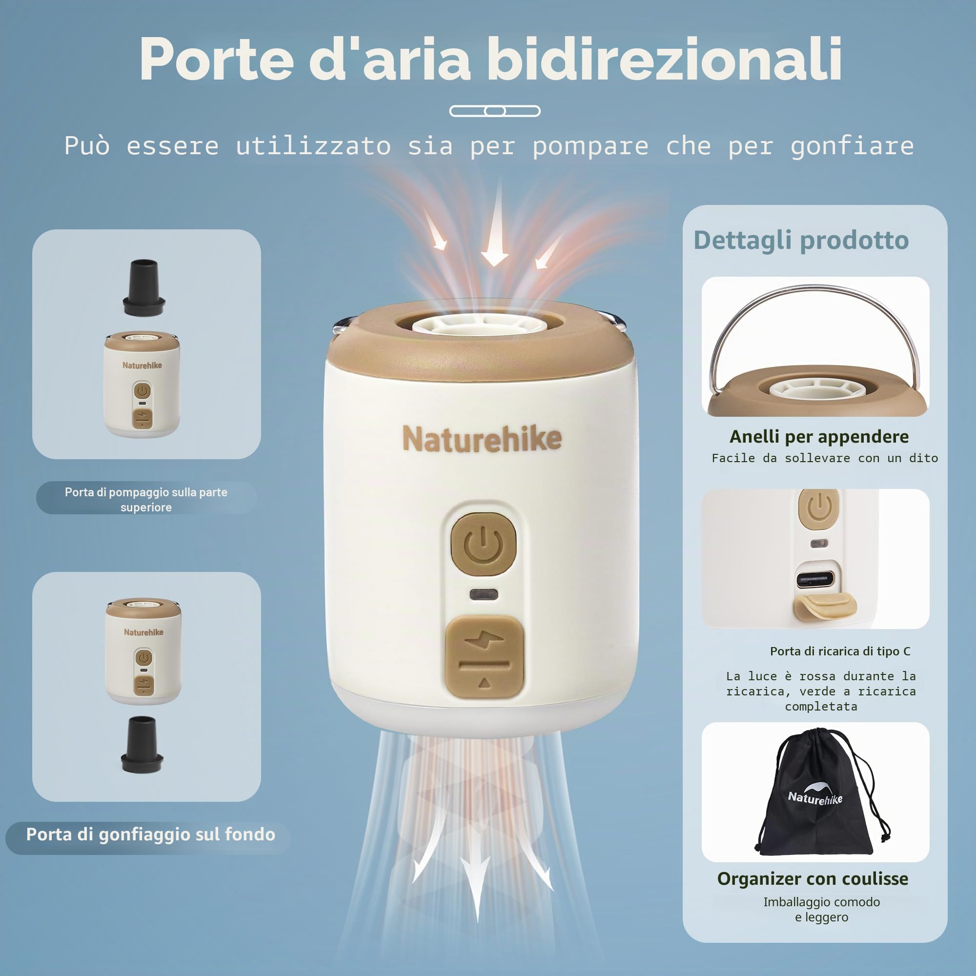 Naturehike Wind-Mini Pompa ad Aria USB-C Ricaricabile 1600 mAh - Portatile Elettrica per Campeggio Con Luce e 6 Ugelli