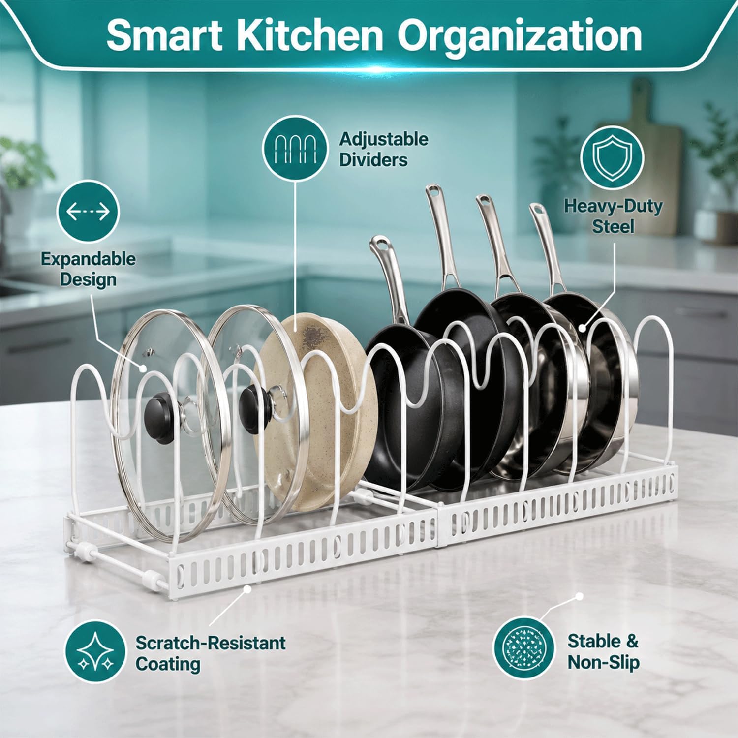 Pot and Pan Organizer for Kitchen Cabinet – Expandable Bakeware Storage Rack with 13 Adjustable Dividers, Frying Pan & Lid Organizer for Pots, Pans, Cutting Boards and Cookie Sheets
