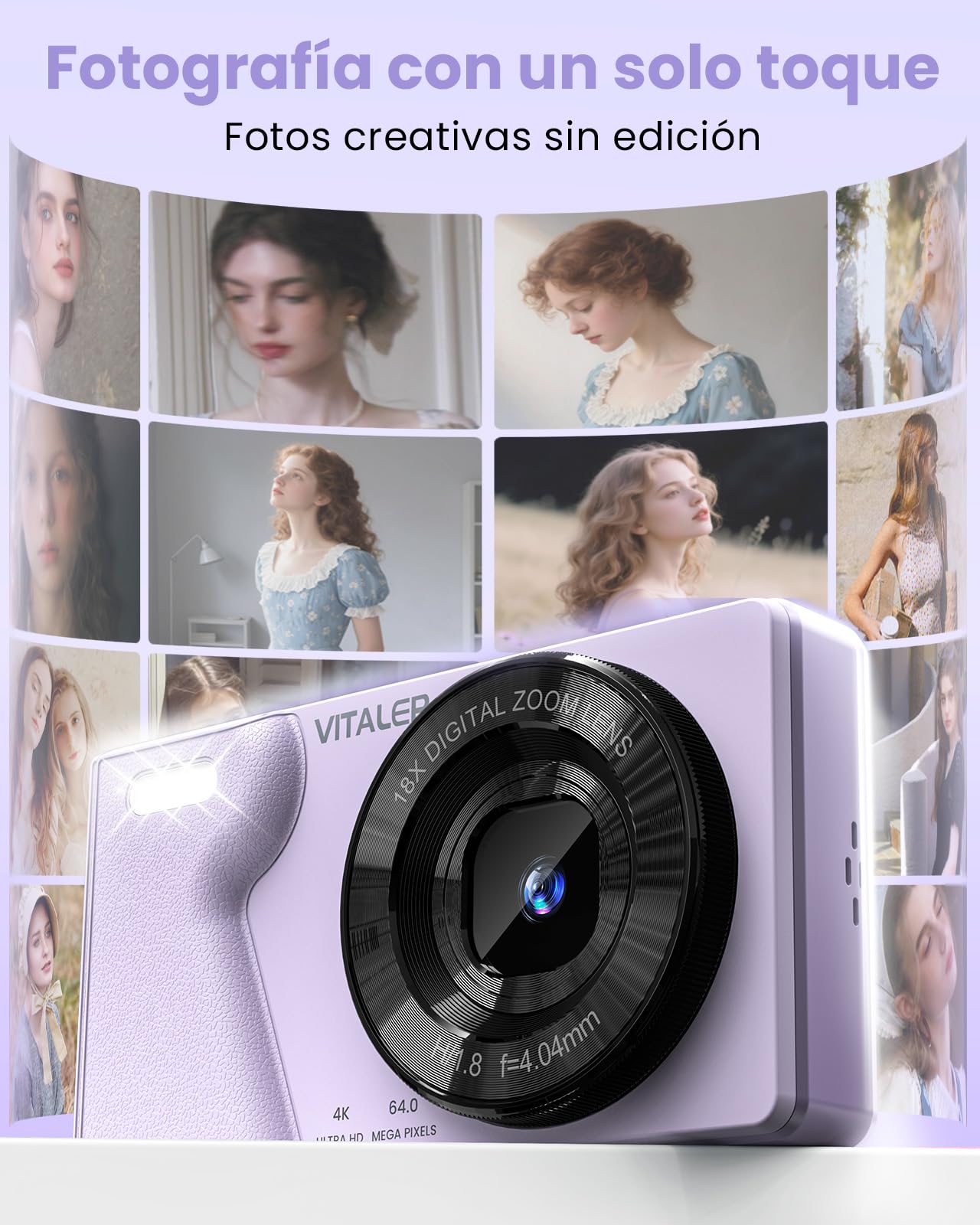Cámara Digital 64MP 4K Cámara de Fotos Compacta con Doble Lente,Pantalla LCD 2,8 Pulgadas,Batería de 2000 mAh,Carcasa de Aleación de Zinc y Zoom Digital 18X para Niños y Adultos(Morado,SIN Tarjeta SD)