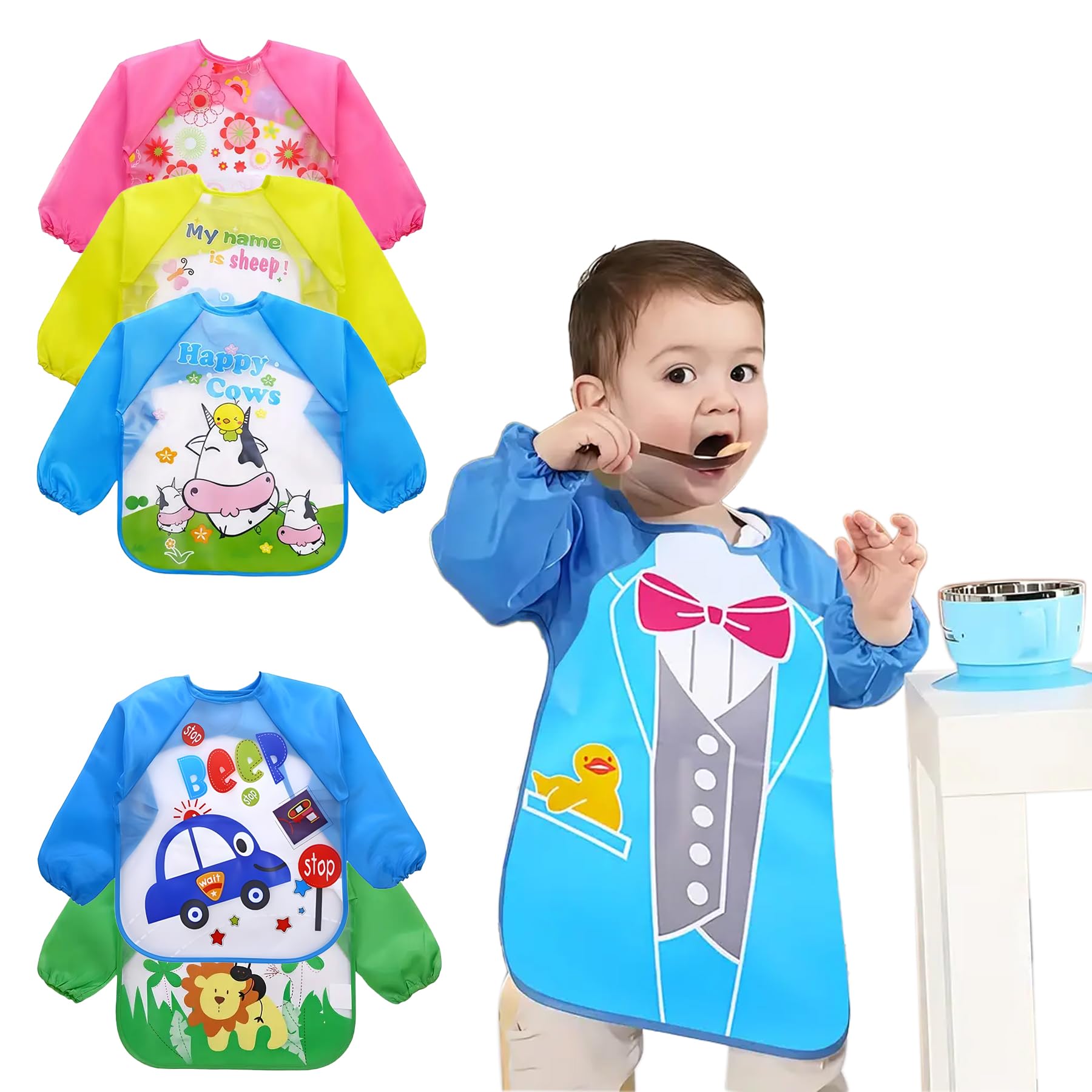 Koochie-Koo Waterproof Long Sleeve Baby Bibs – Reusable, Quick-Dry Feeding Aprons with Cute Cartoon Prints for Newborns and Toddlers, Pack of 2 (Multicolor)