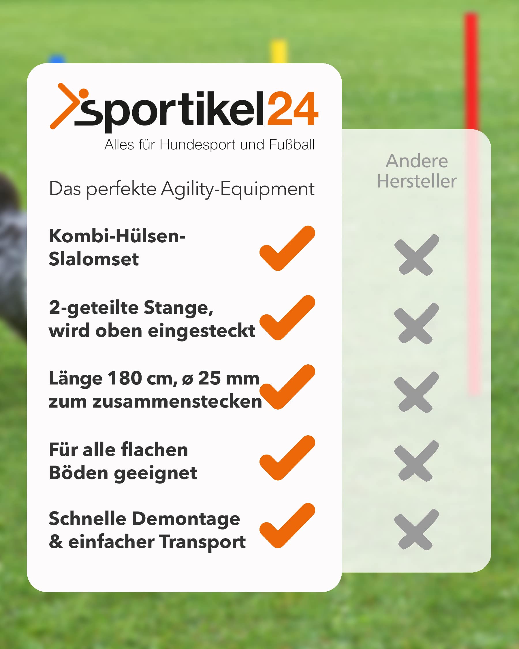 Kombi-Hülse aus Kunststoff mit Kippgelenk & Slalomstange 180 cm – 4er Set – Stange für Slalom & Koordinationstraining – für Fußball & Hundesport – Slalom-Set