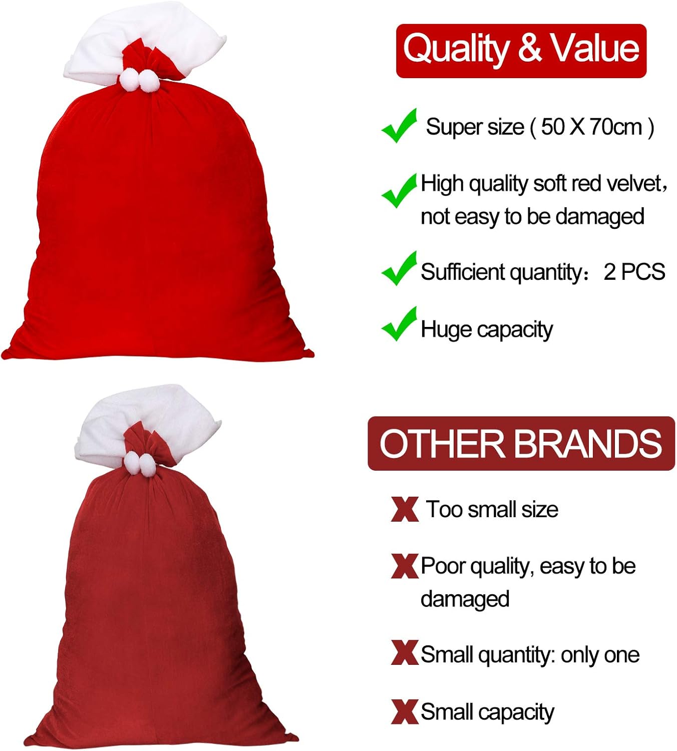 Shappy 2 Pcs Christmas Velvet Santa Gifts Bags 20 x 28 Inch Large Santa Gift Sack with Drawstring Christmas Gift Presents Bags for Xmas Present Toys Holiday Party Supplies(Red)