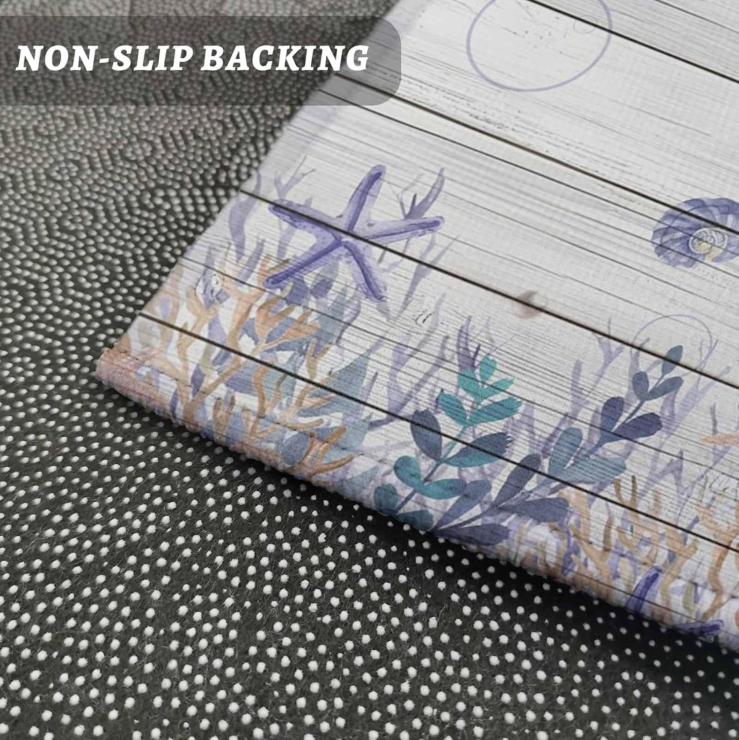 Kitchen Mats for Floor Watercolor Marine Life on Wood Grain Washable Non Slip Kitchen Rugs 1PCS, Starfish Coral Peace Text Absorbent Standing Mats for Sink Bathroom Office Living Room 23.6x70.9in