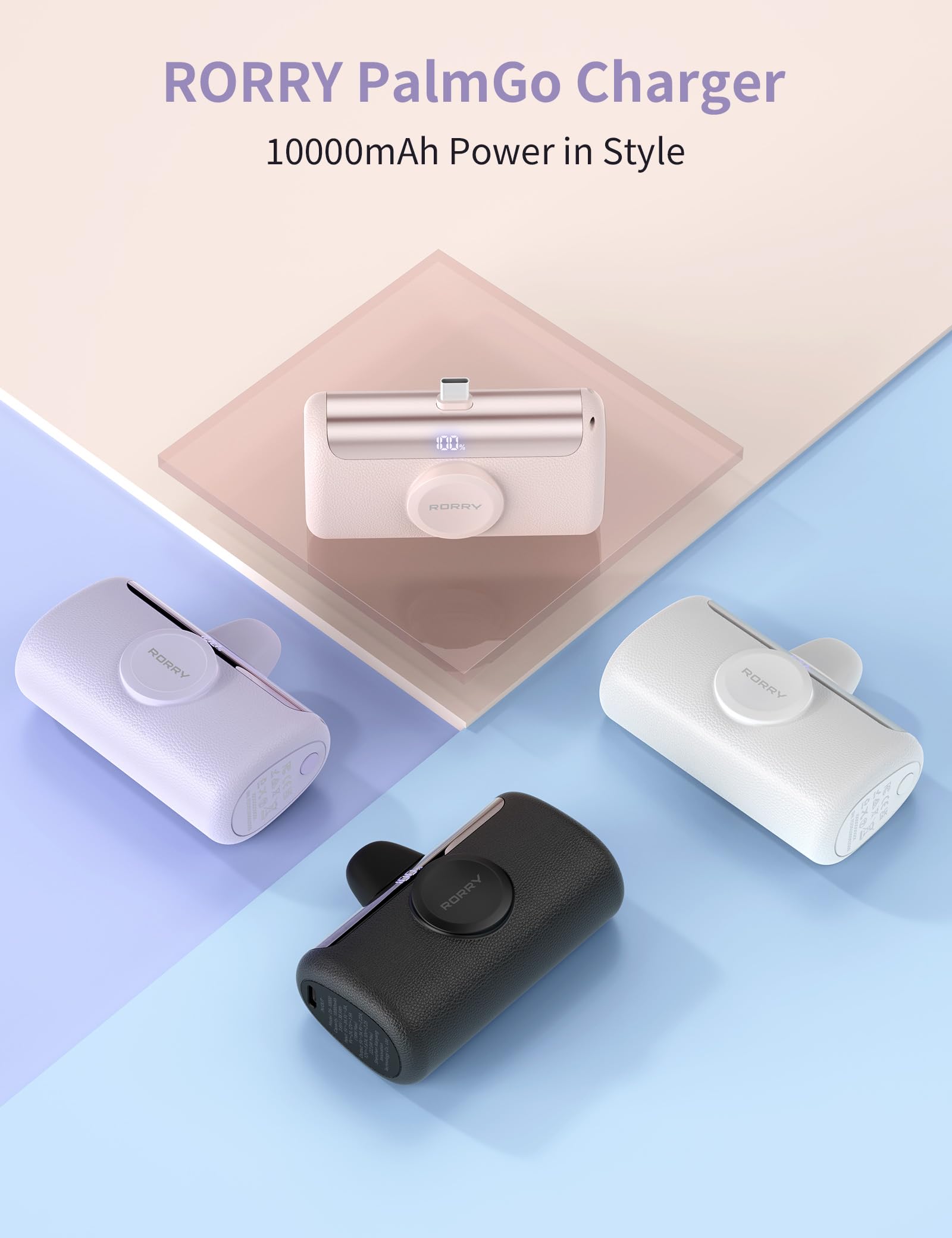 RORRY PalmGo Portable Charger, 10000mAh PD 22.5W Fast Charging Mini Power Bank with Built-in USB C Connector, 3-in-1 Battery Pack for iPhone 17/16/15 Pro/Max, Apple Watch Ultra/11/10/SE, iPad, Purple — view 7