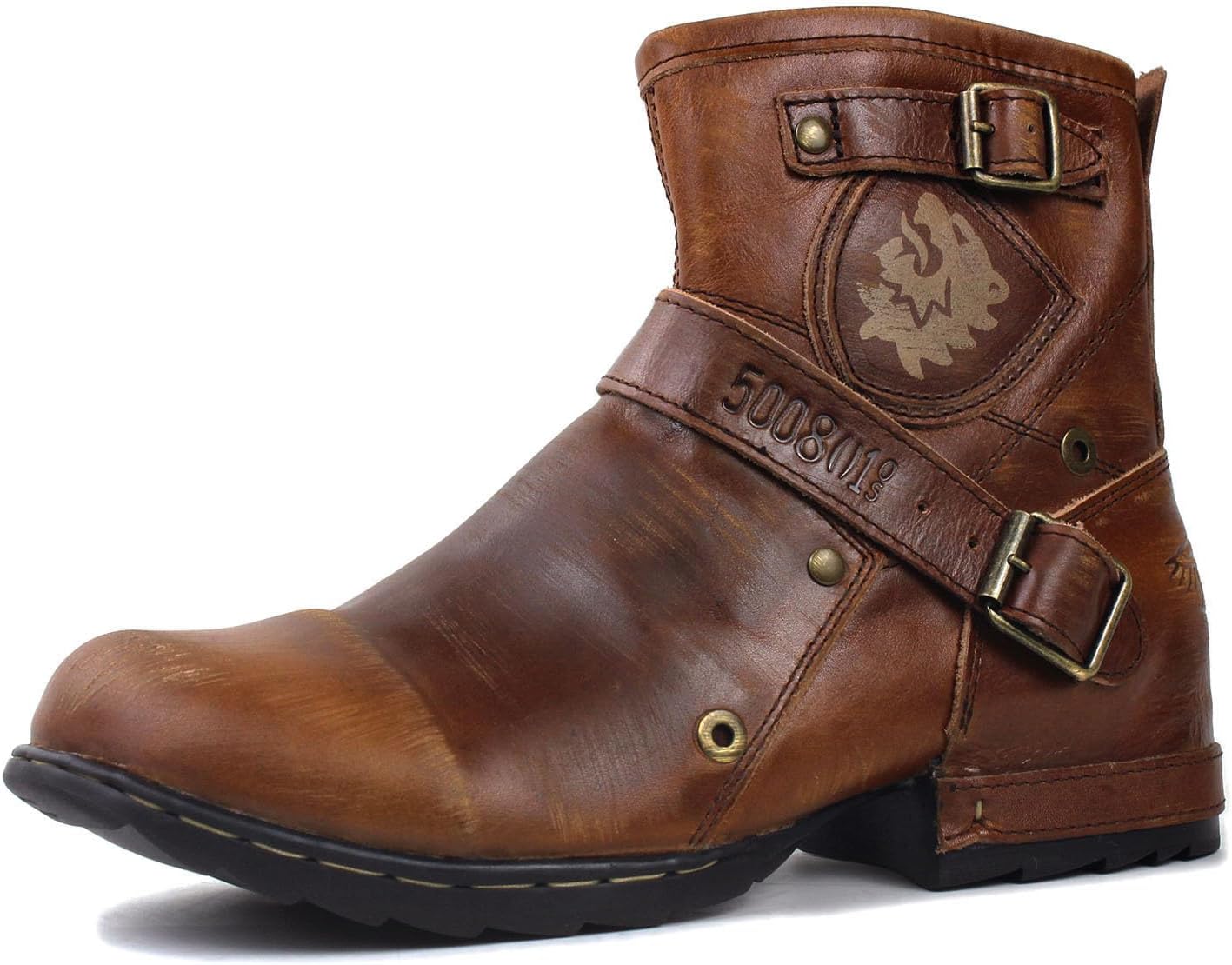 OSSTONE Moto Boots for Men Fashion Zipper-up Leather Chukka Boots Casual Shoes OS-5008-1-BP-US-R Vintage Brown