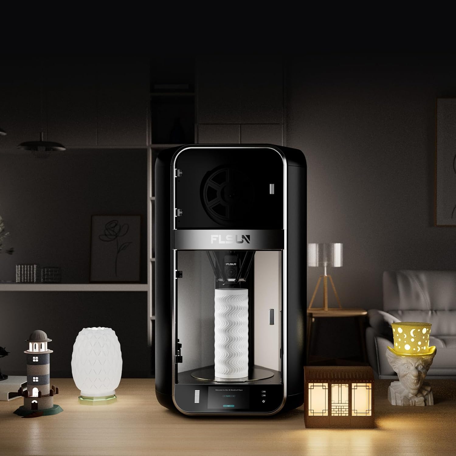 FLSUN S1 3D Printer in a living room setting, showcasing easy printing and various filament types