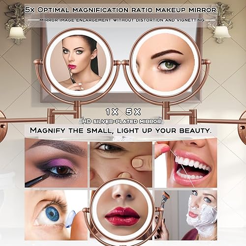 Miniatura 3 de Espejo de maquillaje con iluminación LED, espejo de aumento de extensión 5X, espejo de afeitado extensible compacto para baño, espejo de tocador de
