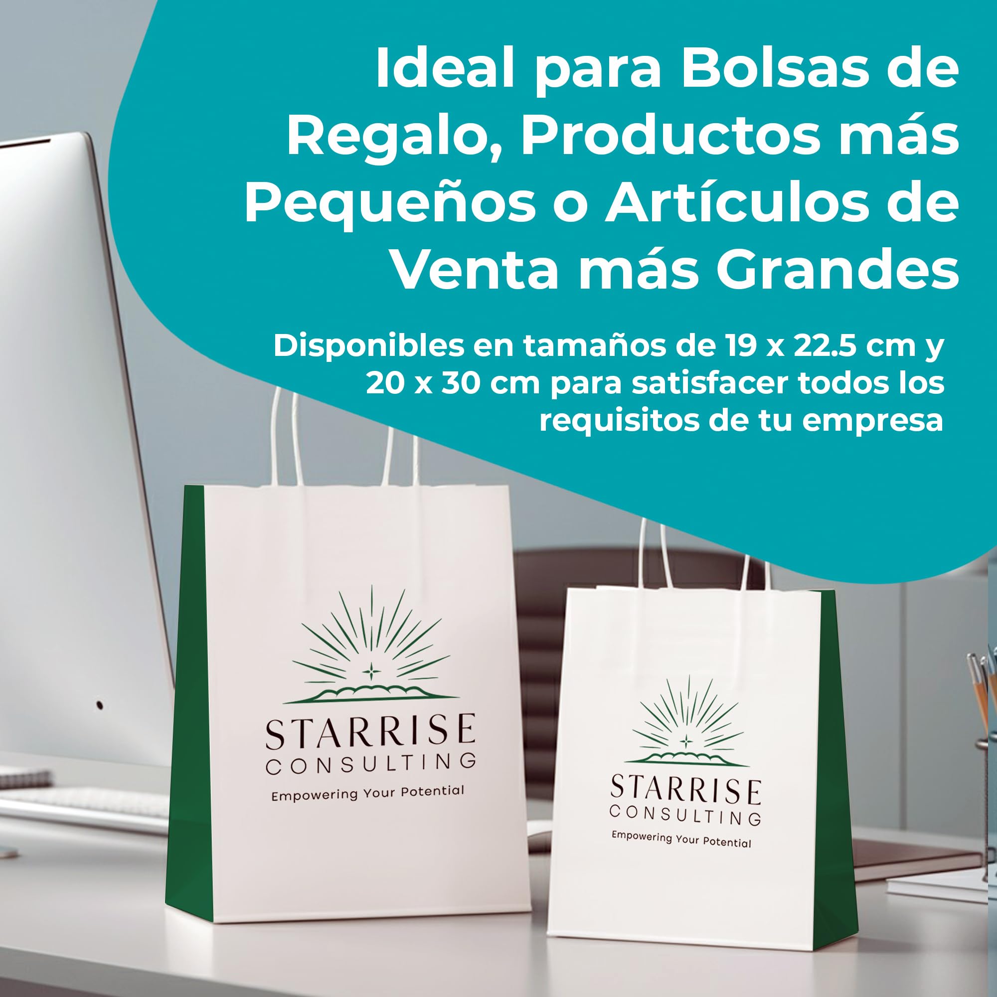 Cimpress bolsas de papel blancas personalizadas con asas Añade un logo o imagen, 22 × 30 cm, Diseño discreto, 100 piezas, Bolsas de regalo kraft para tiendas, ferias comerciales o boutiques