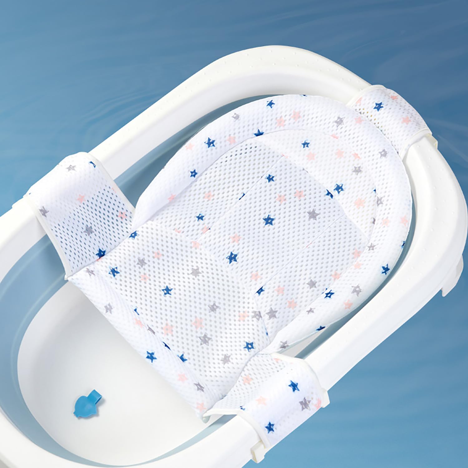 Bain en T Antidérapant pour Bébé - Blanc, Filet de Tapis maille, Support Nouveau-né avec Sangles Ajustables, Siège de Bain Confortable, 0-12 Mois