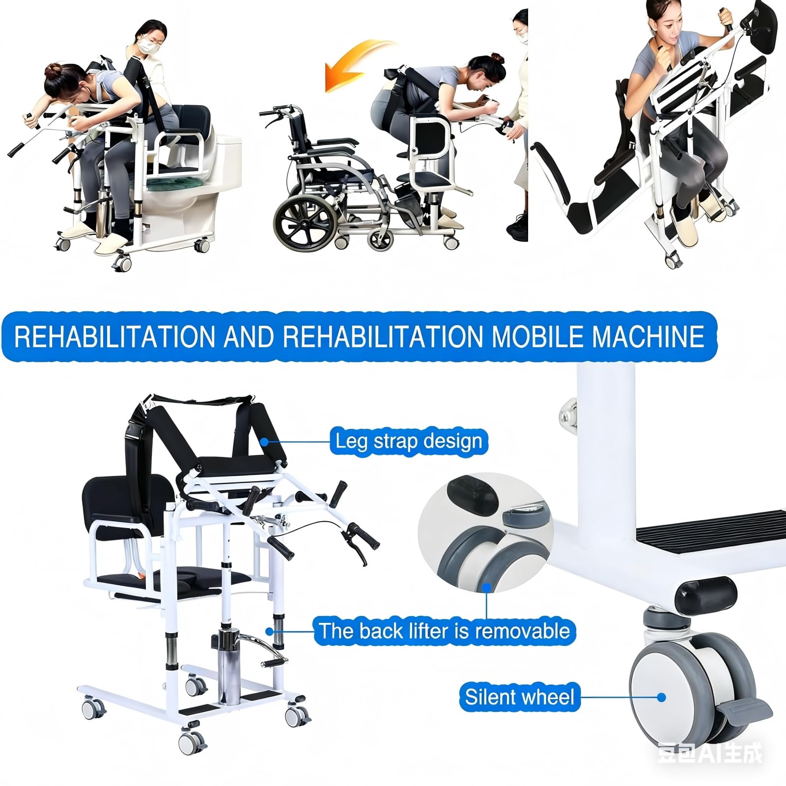 Genérico Silla de Transferencia para elevación de Pacientes, Elevador de Pacientes portátil y liviano, Altura de elevación del Asiento Dividida a 180° Ajustable, Transferencia multifunción