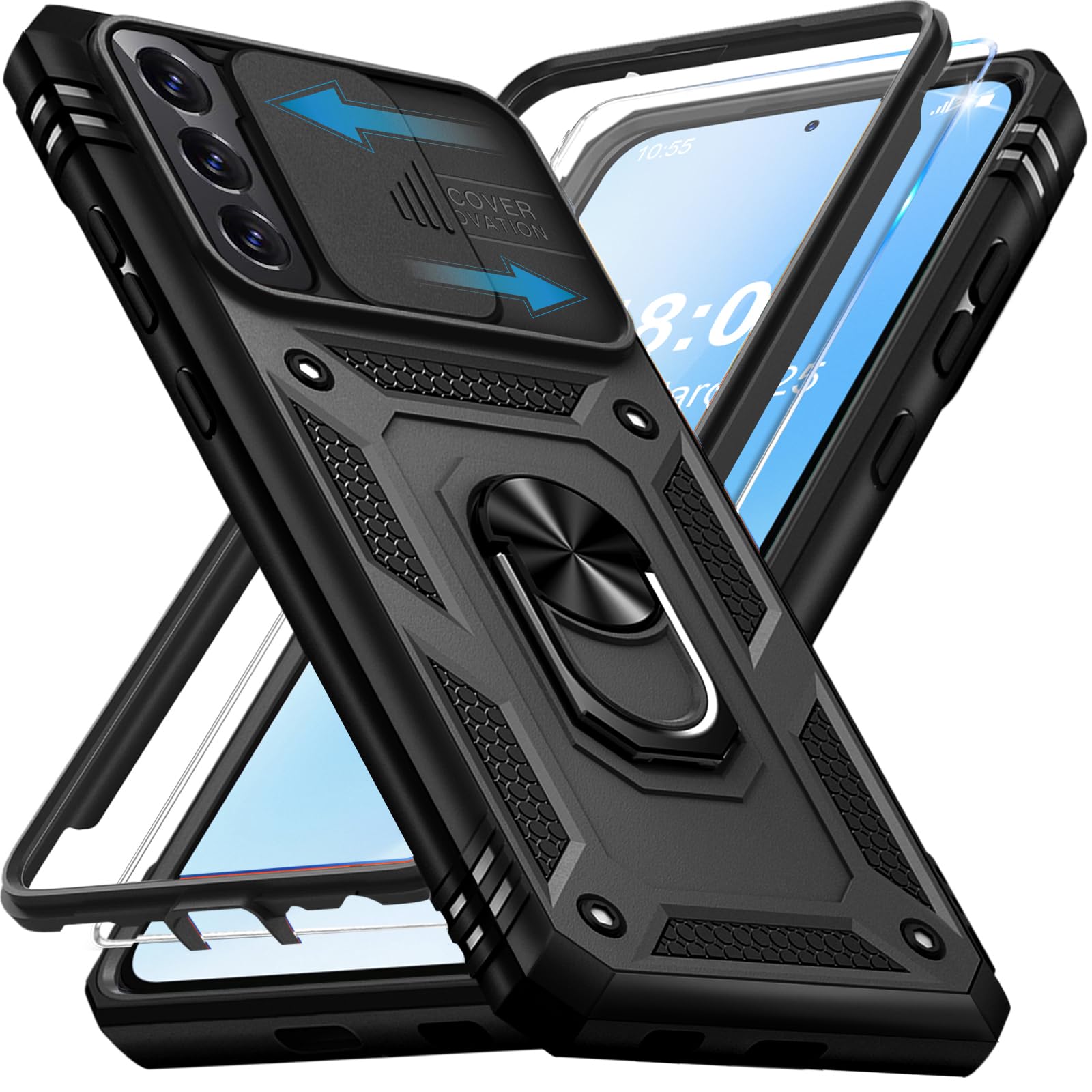 Giyer Handyhülle für Samsung Galaxy S21 FE 5G Hülle mit Schutzfolie, Galaxy S21 FE Schutzhülle mit Kameraschutz 360° Drehbarer Metall Ring Ständer Stoßfest Bumper S21 FE 6.4" Case Cover (Schwarz)