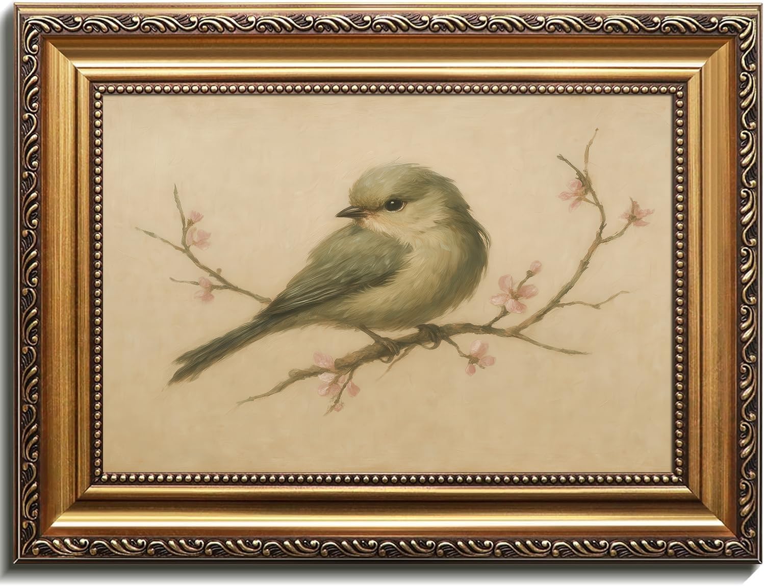 Kizbok Gold Framed Wall Art for Home Decor, Vintage Spring Bird Oil Painting, Farmhouse Wall Decor Watercolor Cherry Blossom Canvas Prints, Rustic Animal Picture Wall Decor, Antique Floral Bedroom Framed Art for Living Room Bathroom Gallery Nursery Decoration - 12x16inch