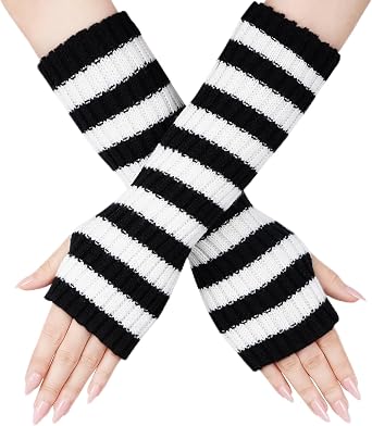 Striped Arm Warmers Long Fingerless Gloves for Women Girls Knitted Striped Arm Sleeves for Christmas Halloween Winter