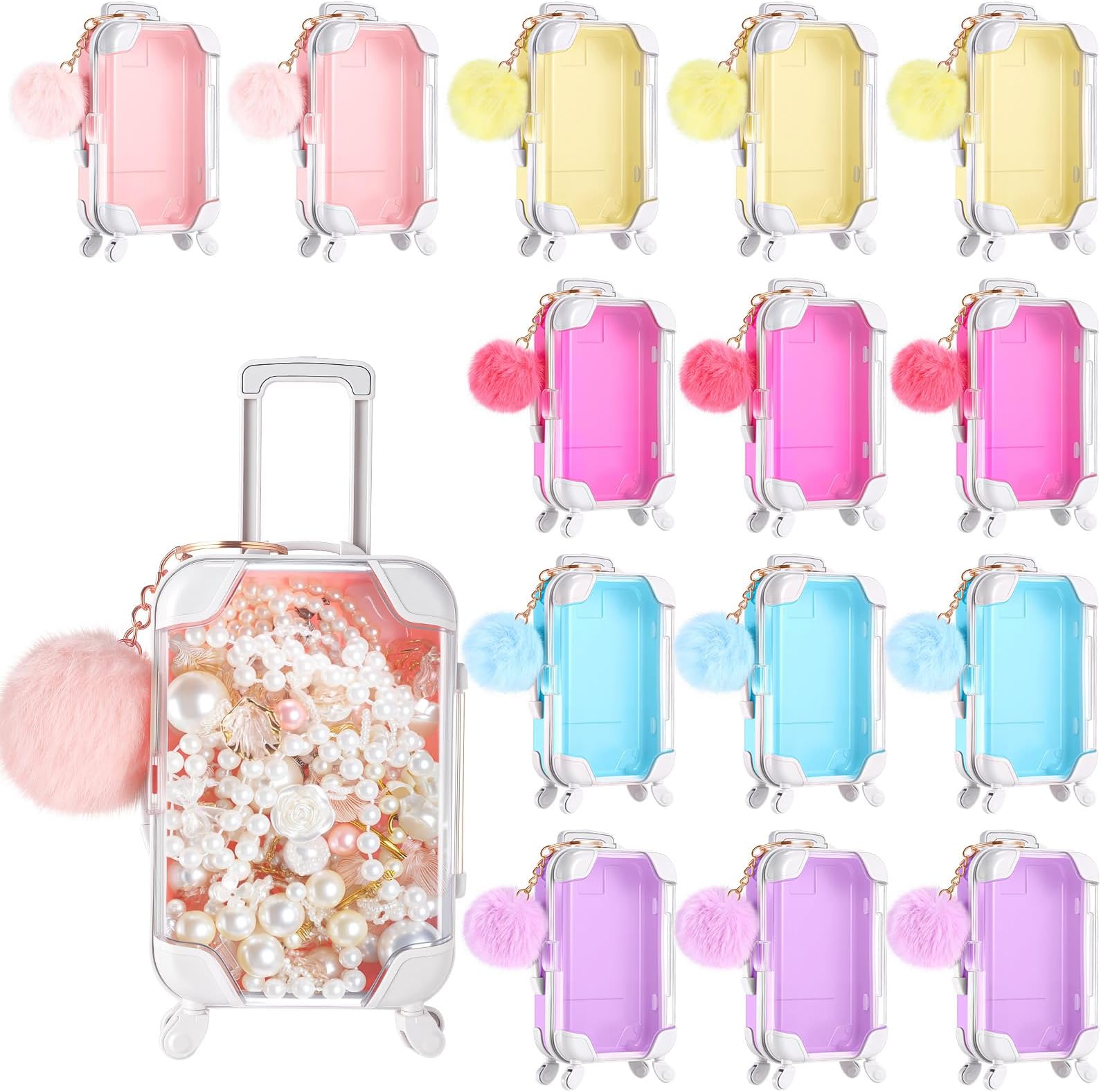 30 Pcs Mini Suitcase Empty Storage Box and Plush Ball Keychain Candy Luggage Containers Packaging Case for Bridal Shower Baby Shower Party Favors Travel Gifts (Mixed Colors)