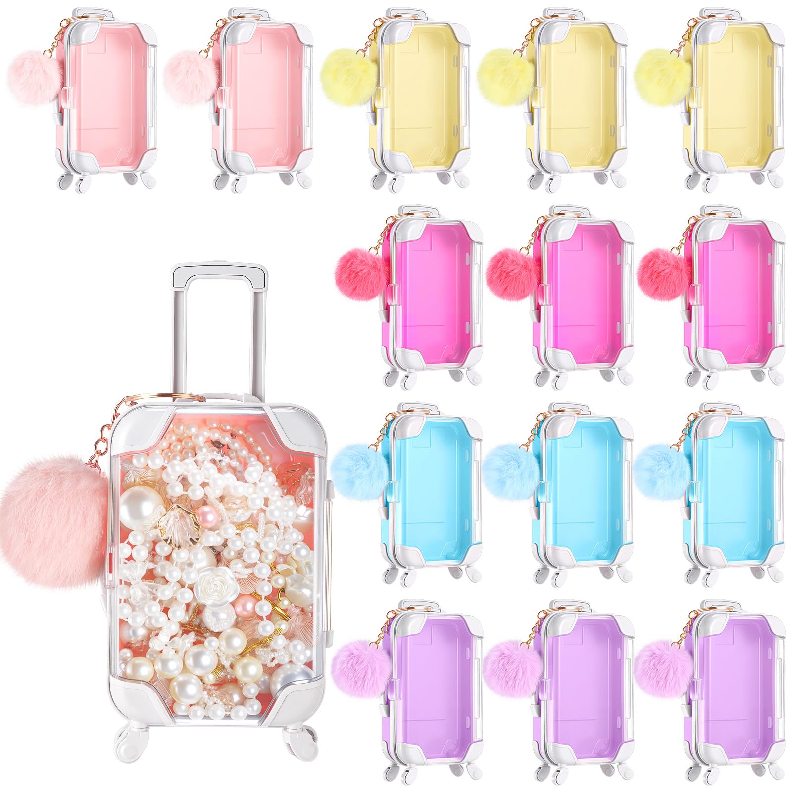 30 Pcs Mini Suitcase Empty Storage Box and Plush Ball Keychain Candy Luggage Containers Packaging Case for Bridal Shower Baby Shower Party Favors Travel Gifts (Mixed Colors)