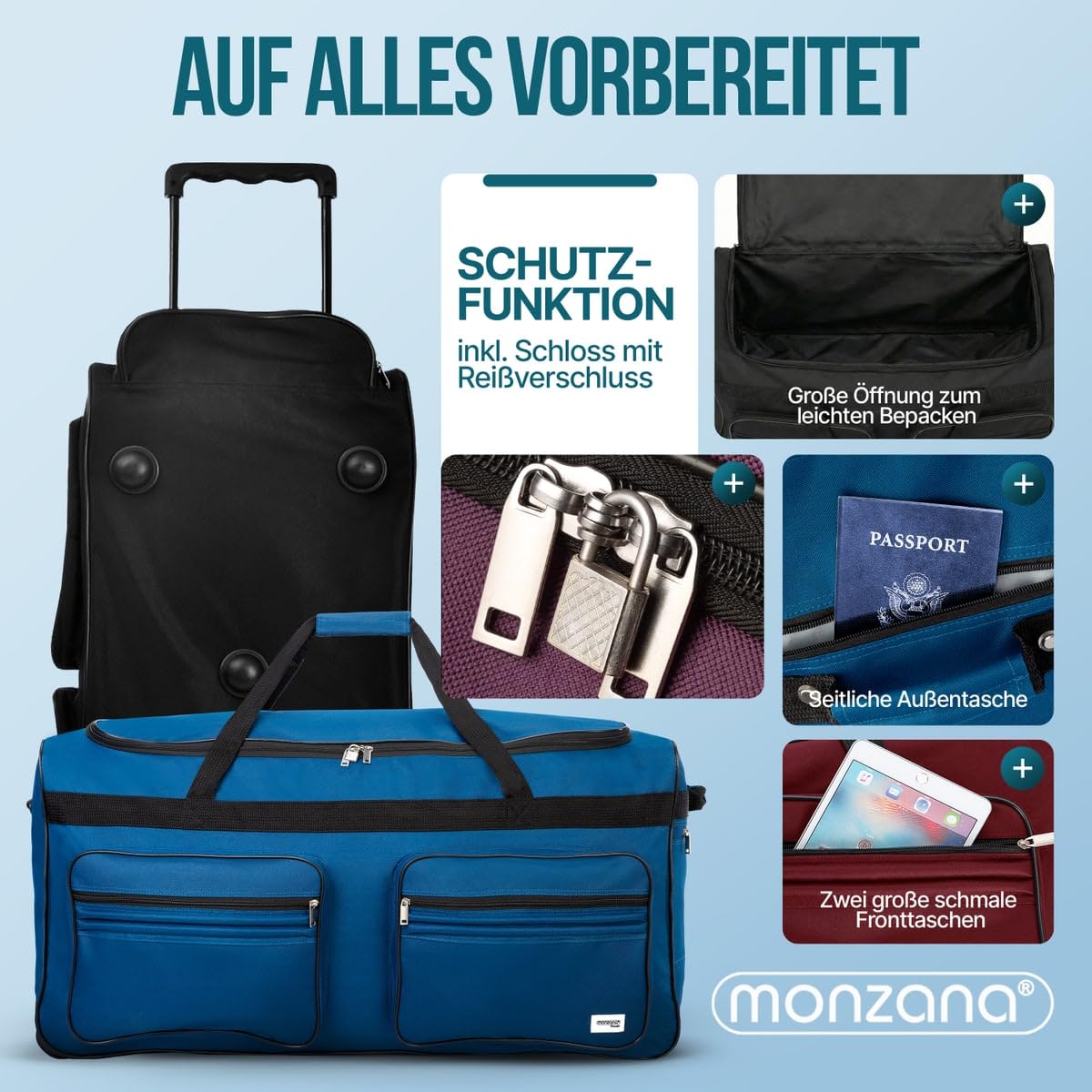 MONZANA® Sac de Voyage Trolley 160L 85x43x44cm Roulettes Poignée télescopique Grand Bagage Souple