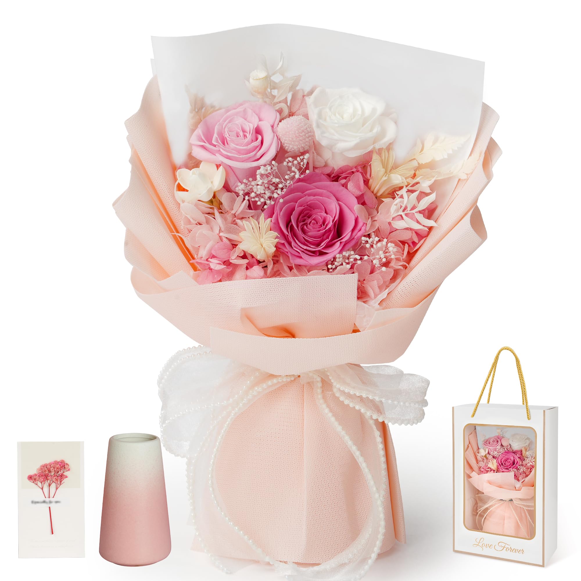 Childom Valentines Day Rose Gifts for Her,Birthday Gifts for Women,Preserved Flowers for Delivery,Pink Real Roses Bouquets,Mothers Day Flowers Gift