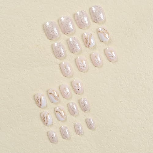 Miniatura 3 de Uñas postizas cuadradas cortas a presión, uñas acrílicas nude, uñas postizas de cobertura completa con diseños de rayas de hojas, pegamento