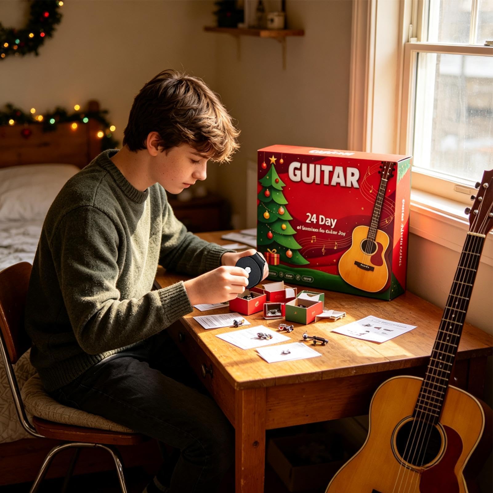 Calendario natalizio 2026 con chitarra 'Avvento 24 giorni, accessori