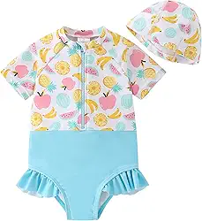 Maiô infantil para meninas com babado Rash Guard com zíper, manga curta, com chapéu, FPS 50+ 1-5T