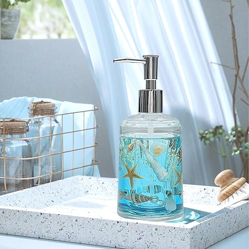 Miniatura 5 de FONMY Dispensador de jabón con bomba de acrílico con concha natural hecho a mano, dispensador de jabón de manos para baño, dispensador de líquido