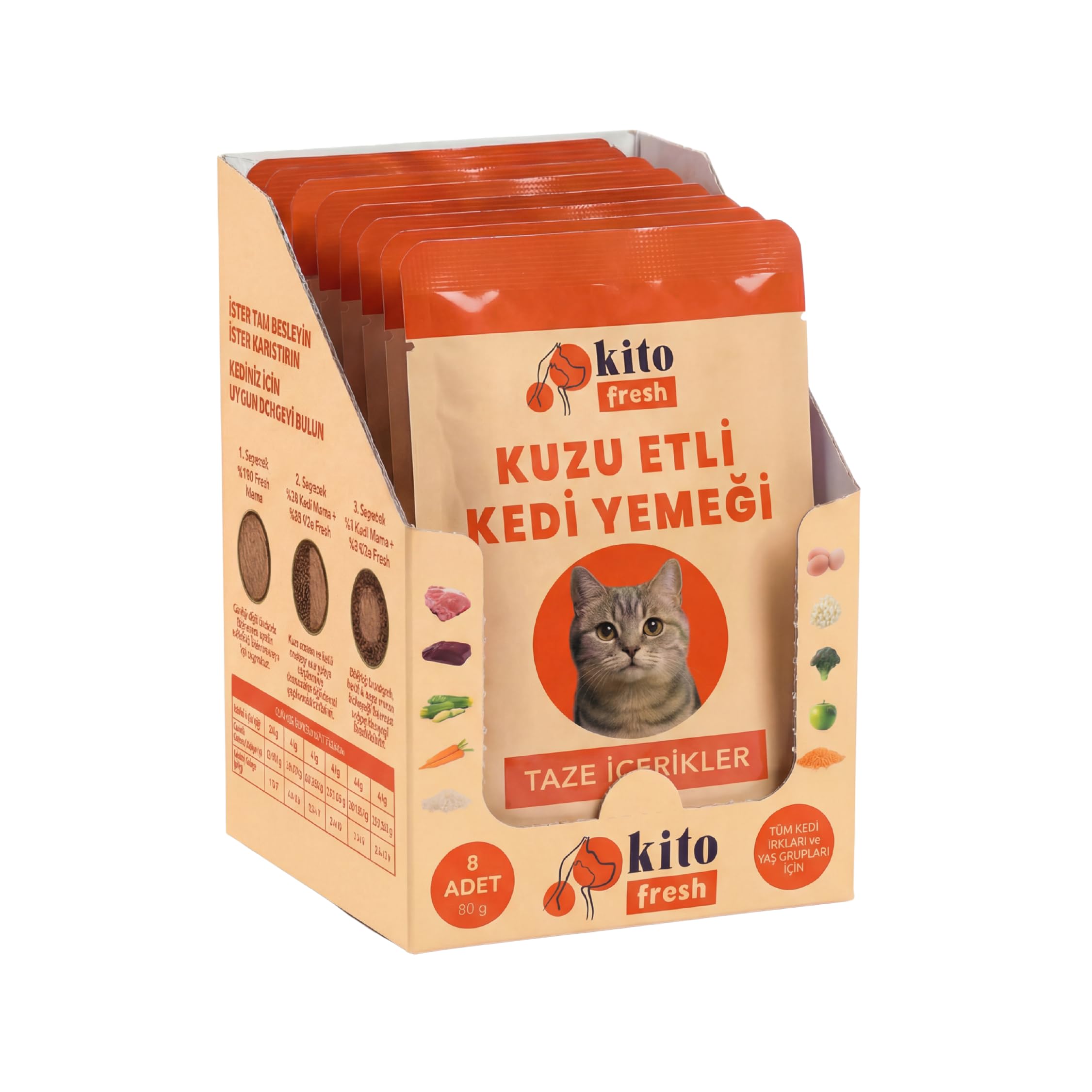 Kito Fresh Kuzu Etli Kedi Yemeği%100 Taze İçerikli Mama 80 g X 8 Adet