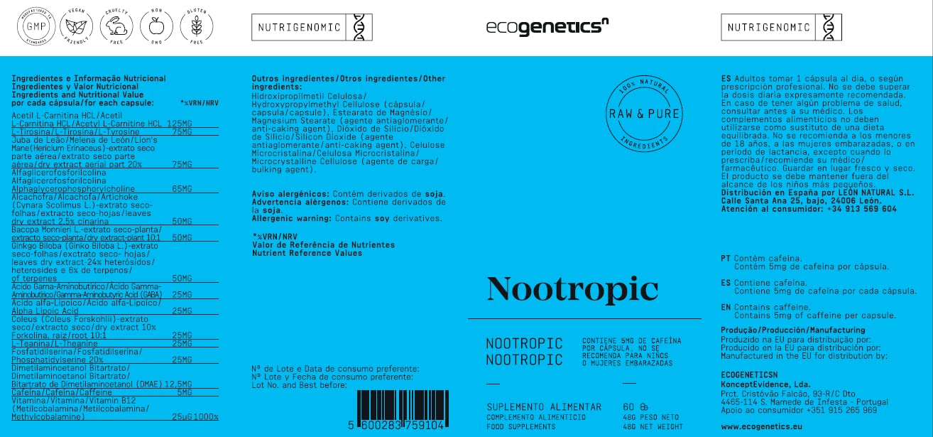 ECOGENETICS - Nootropic 60 Cápsulas | Potenciador Cerebral con Ginkgo Biloba, Vitamina B12 | Nootropicos Memoria y Concentracion | Complementos Alimenticios Veganos para Estudiantes