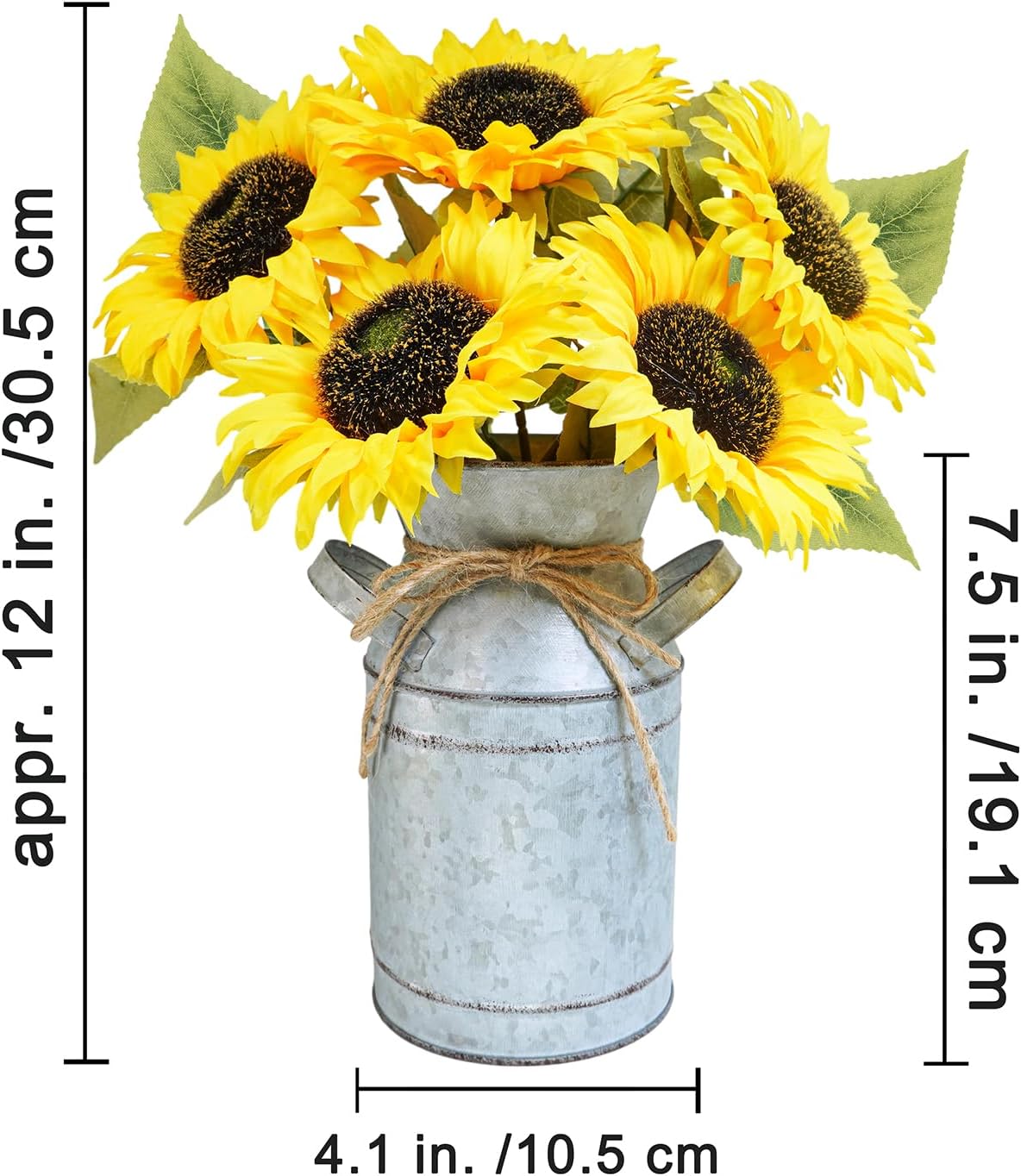 Winlyn Artificial Sunflowers in Rustic Galvanized Metal Milk Vase 12" Tall Farmhouse Centerpiece Yellow Silk Sunflower Stems Floral Arrangements for Country Fall Wedding Home Kitchen Table Décor - Image 2