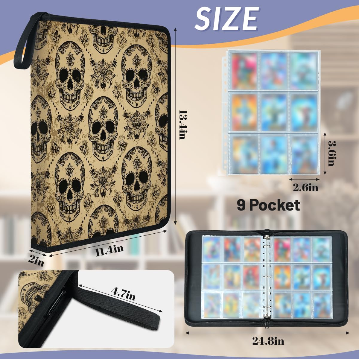 Carpeta de tarjetas coleccionables con 9 bolsillos, diseño de calavera de azúcar, álbum de tarjetas vintage con fundas extraíbles, impermeable, con cremallera, capacidad para 50 páginas y 900 tarjetas