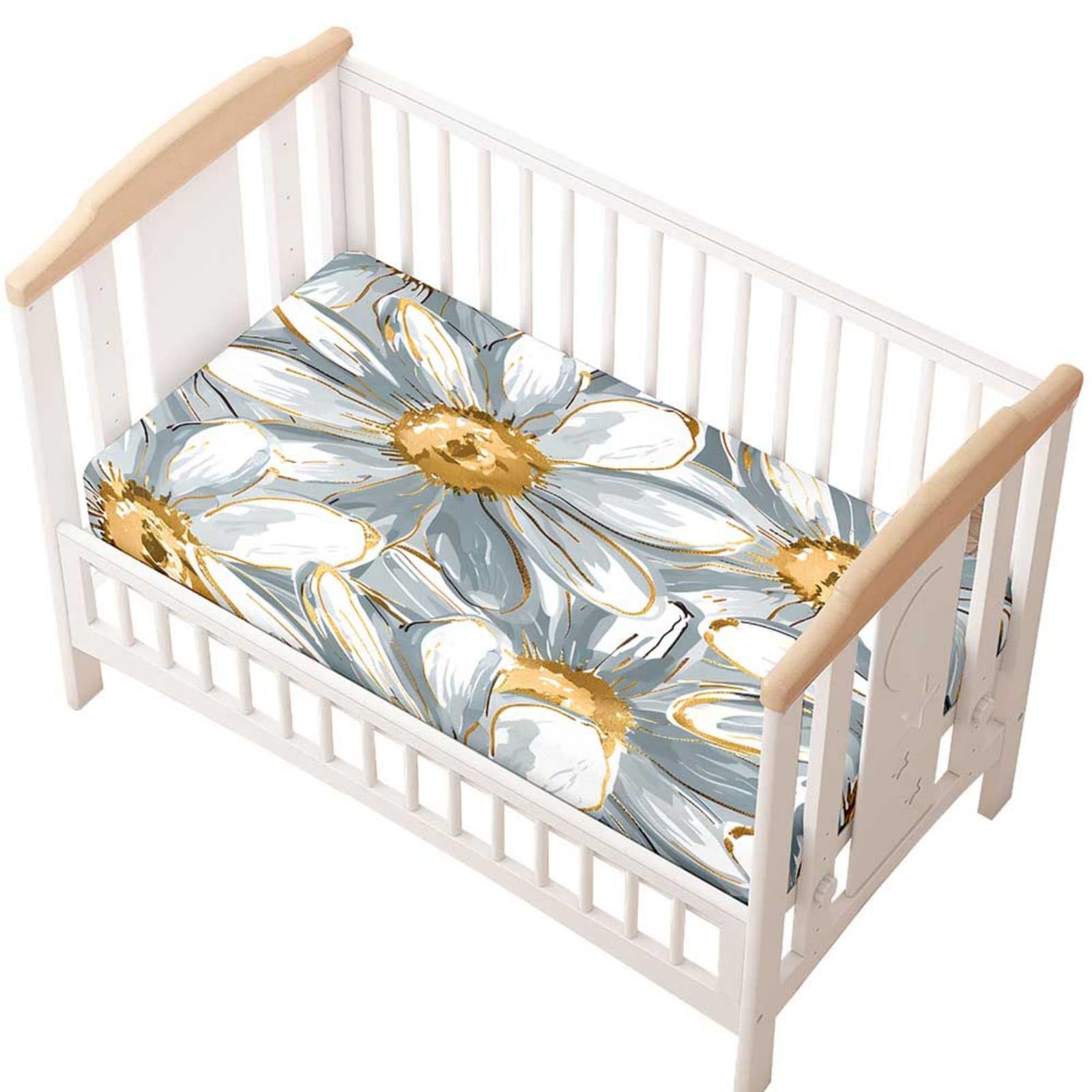Odot Cot Bed Fitted Sheet, Moses Basket Fitted Sheet 3D Daisy Print Soft Microfibre Crib Bedsheets Bassinet Bedsheet Mattress Protector for Kids Boy Girl (Gray A,95x65cm)