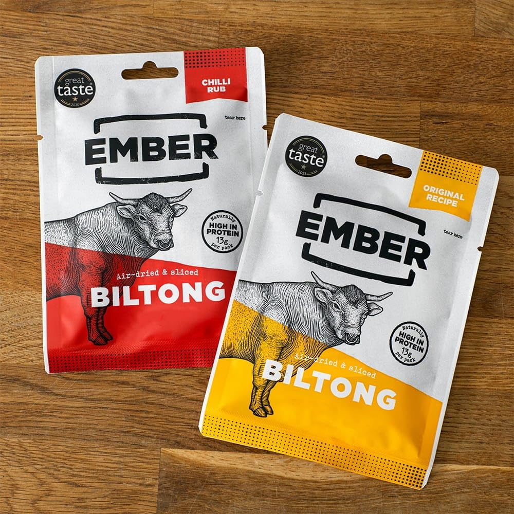 Ember Rindfleisch Biltong Original 360g - Proteinreicher Trockenfleisch Beef Jerky Snack - Fettarm, Keto, ohne Zuckerzusatz, keine Künstlichen Farb- und Aromastoffe - 8 x 45-g-Beuteln