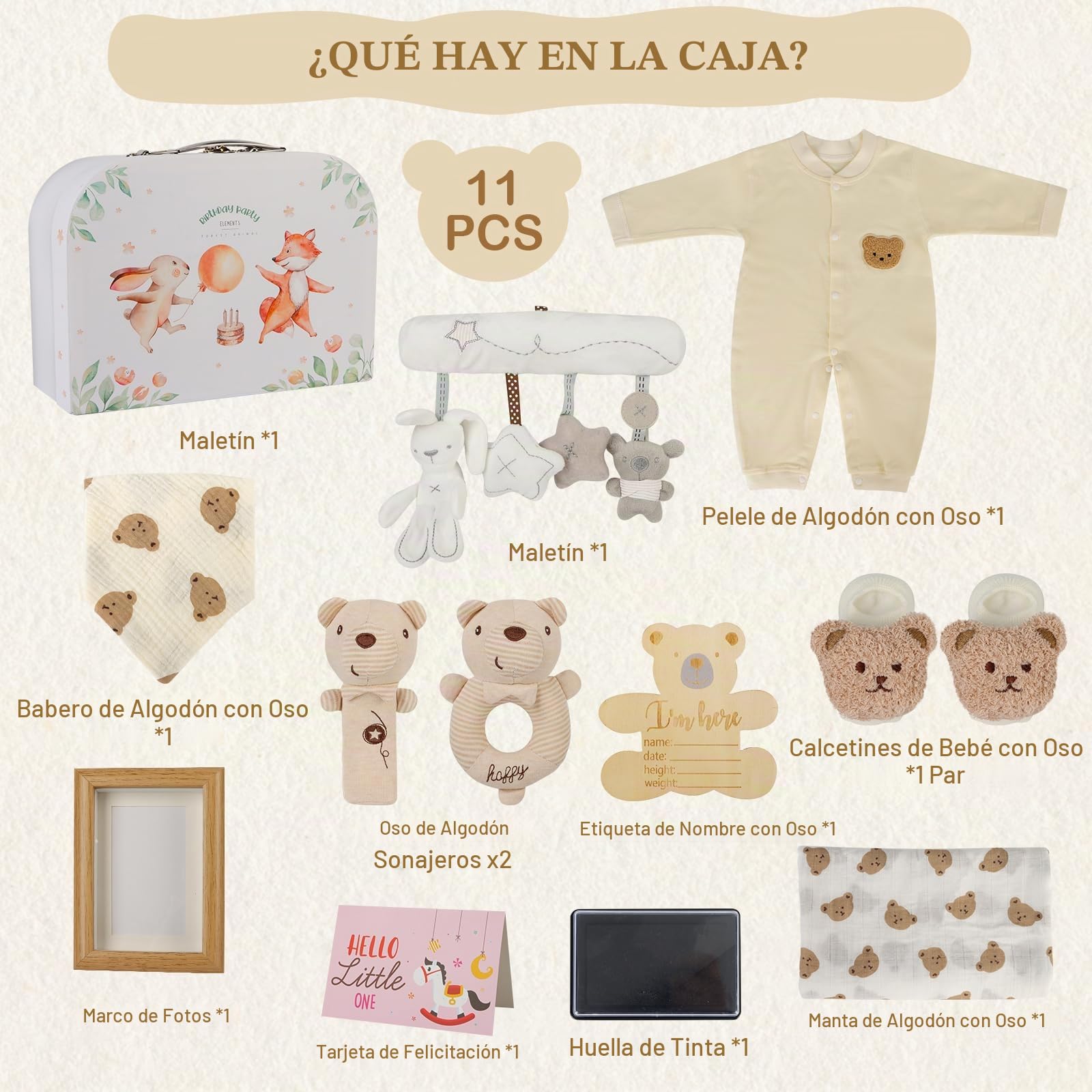 Herefun Regalo Bebe Recien Nacido, Canastilla Bebe Recien Nacido, Baby Shower Niño Niña, Bebe Regalo Set con Mameluco Bebe, Bebe Sonajero, Calcetines