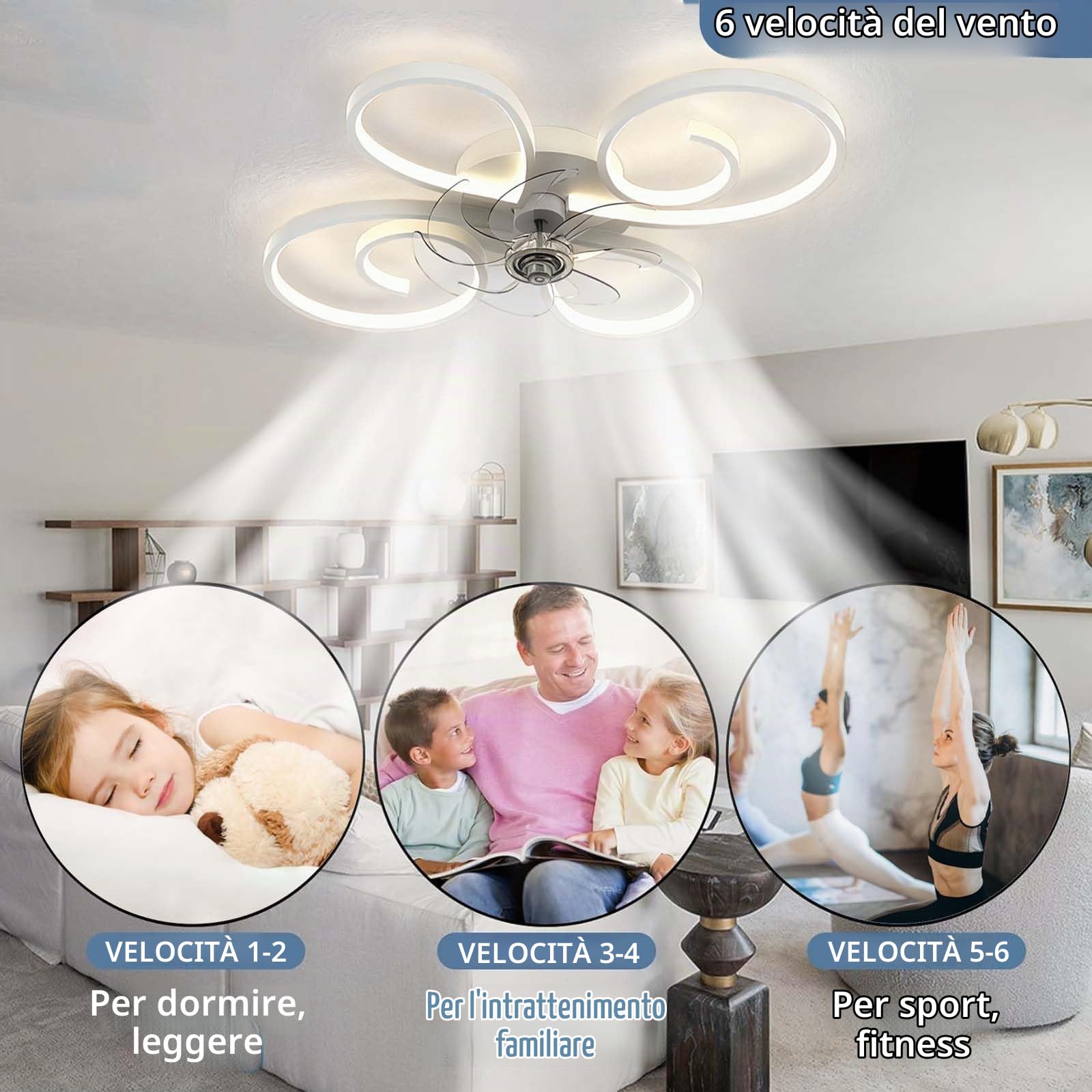 Ventilatore da Soffitto con Luce Telecomando Silenzioso Lampadario con Ventilatore Funzione Memoria Dimmerabile 6 Velocità Reversibile Ventilatore Soffitto Con Luce Adatto Pranzo，Bianco