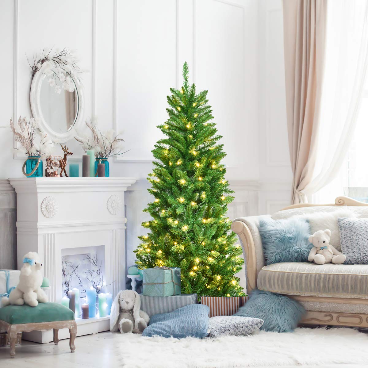 COSTWAY Árbol de Navidad 150cm Verde, Arbol de Navidad con Luces Incorporadas, 150 Luces LED de Blanco Cálido, 300 Agujas de PVC, Árbol de Navidad Slim/Estrecho, Soporte de Metal (150cm)