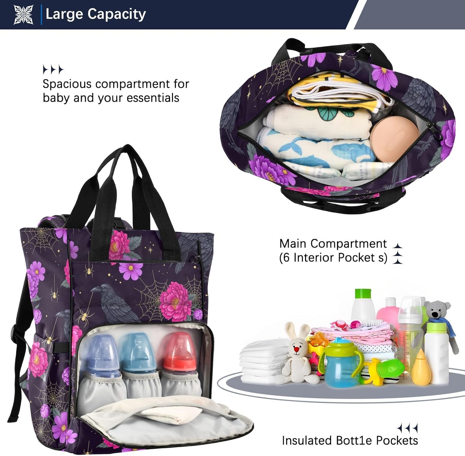 Flowers Crows Black Pattern Diaper Bag Backpack for Baby Boys Girls Multifunction Baby Essentials Travel Tote with Stroller Straps & Bottle Storage Large Travel Diaper Backpack for Dads Moms Baby