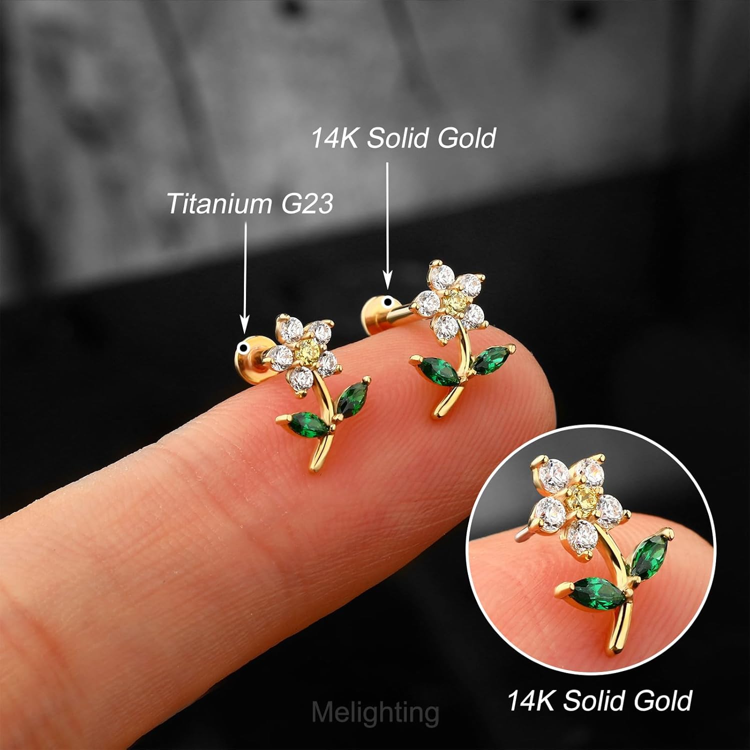 Melighting 14K Solid Gold Threadless Earring Gold Flower Flat Back Earring Titanium Threadless Push in Earring for Women 16G Solid Gold Tragus Piercing Jewelry Gold Helix Earring Cartilage Earring for Women - Image 2