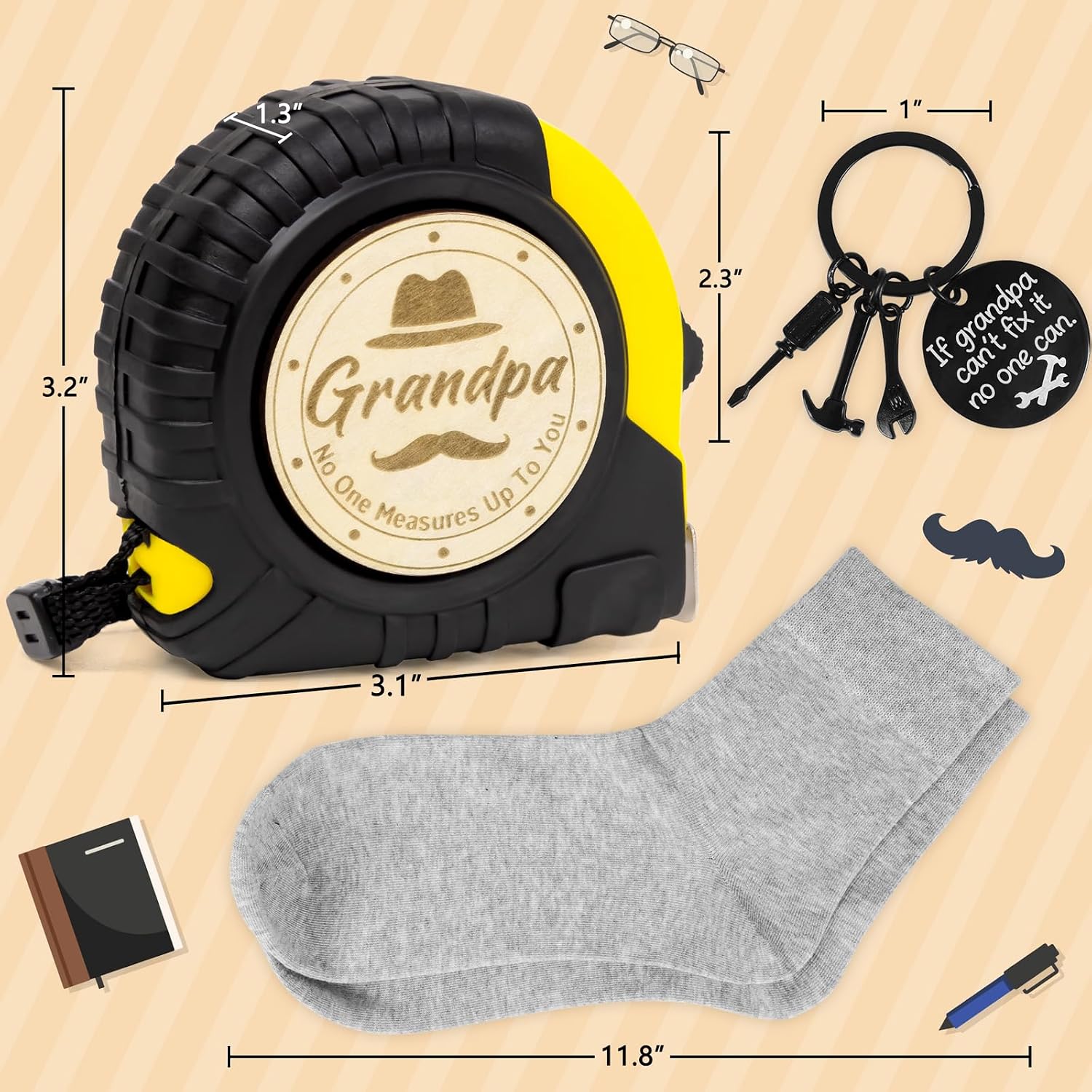 Fathers Day Grandpa Gifts Set: 25FT No One Measures Up to You Printed on Board Tape Measure & If Dad Can't fix it,no one can Keychain for Grandfather Birthday Christmas Gag Gift with Socks image 3