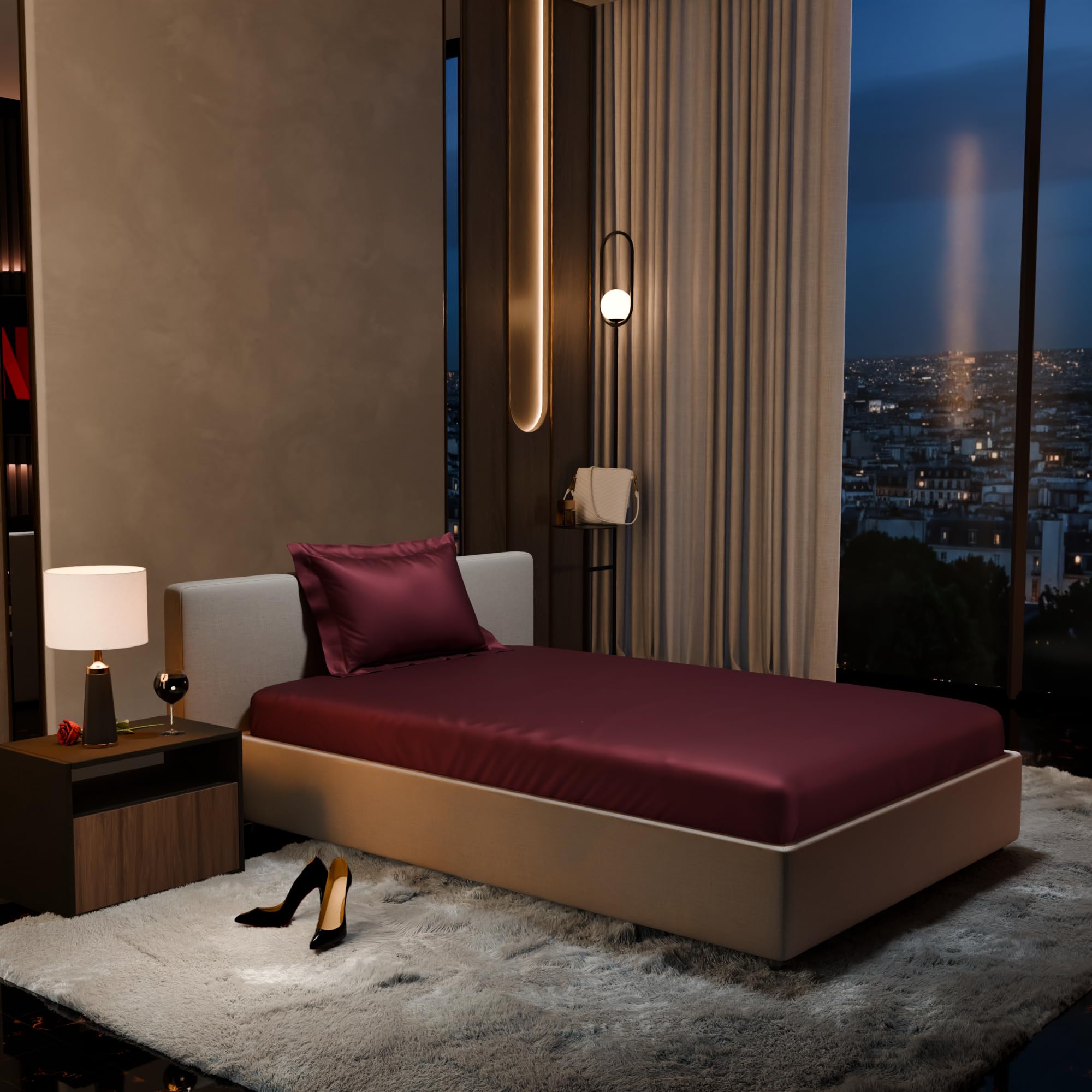 Stoa Paris 300TC UltraSatin Single Bedsheet Set, 10” Drop Fitted Bedsheet with 1 Pillow Cover, Hypoallergenic, Wrinkle Free, Aesthetic Bedding, Home Decor, Gift, Date Night - Velvet Wine