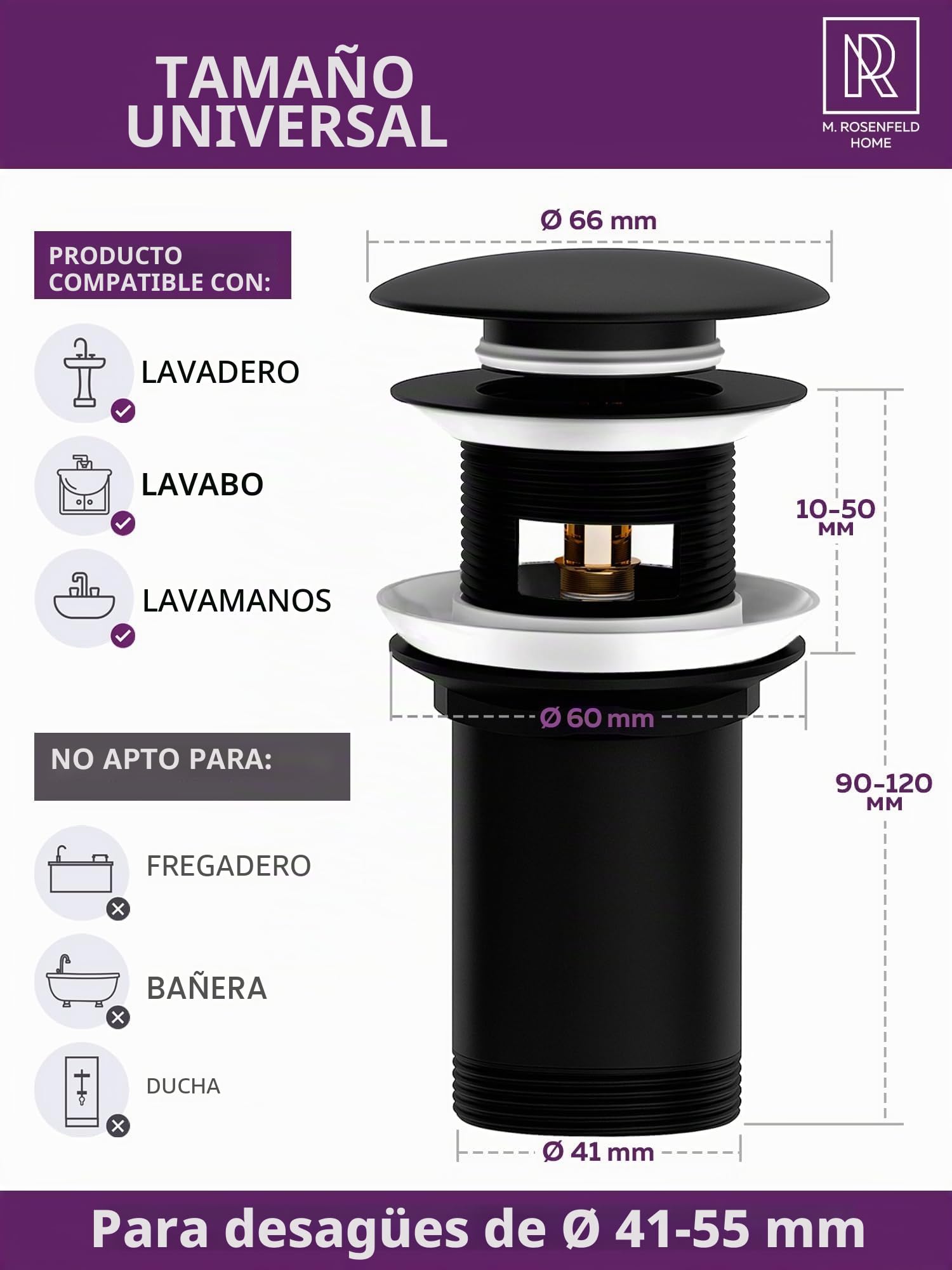 Desagüe de lavabo con rebosadero, sifón negro, Pop Up + Sifón universal de tubo para lavabo, cierre de olor de latón M. ROSENFELD HOME