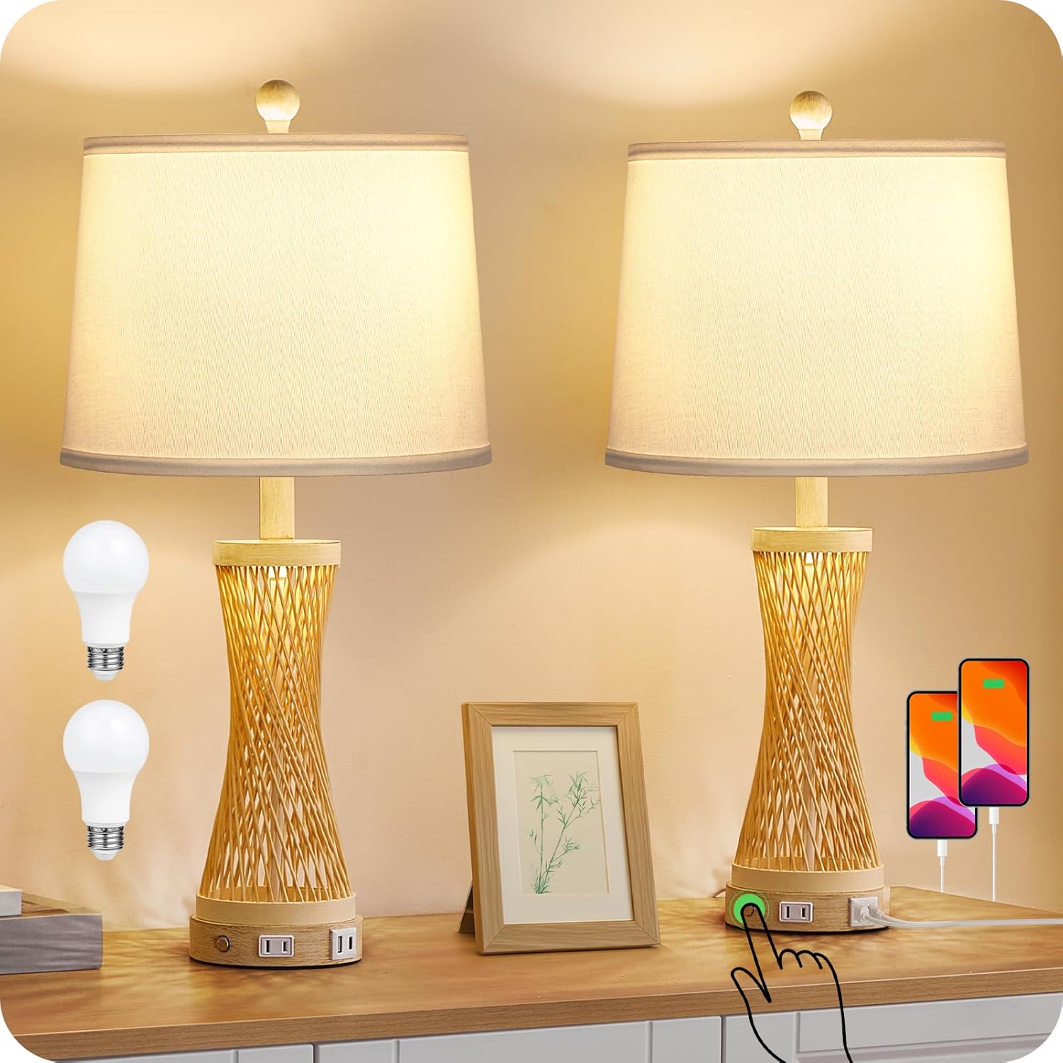 24.4”Farmhouse Rattan Table Lamps Set of 2, Touch Bedside Lamps for Bedroom with 3-Way Dimmable Night Light, USB A+C Charging Ports, Bamboo Boho Nightstand Lamps, White, W04TL05