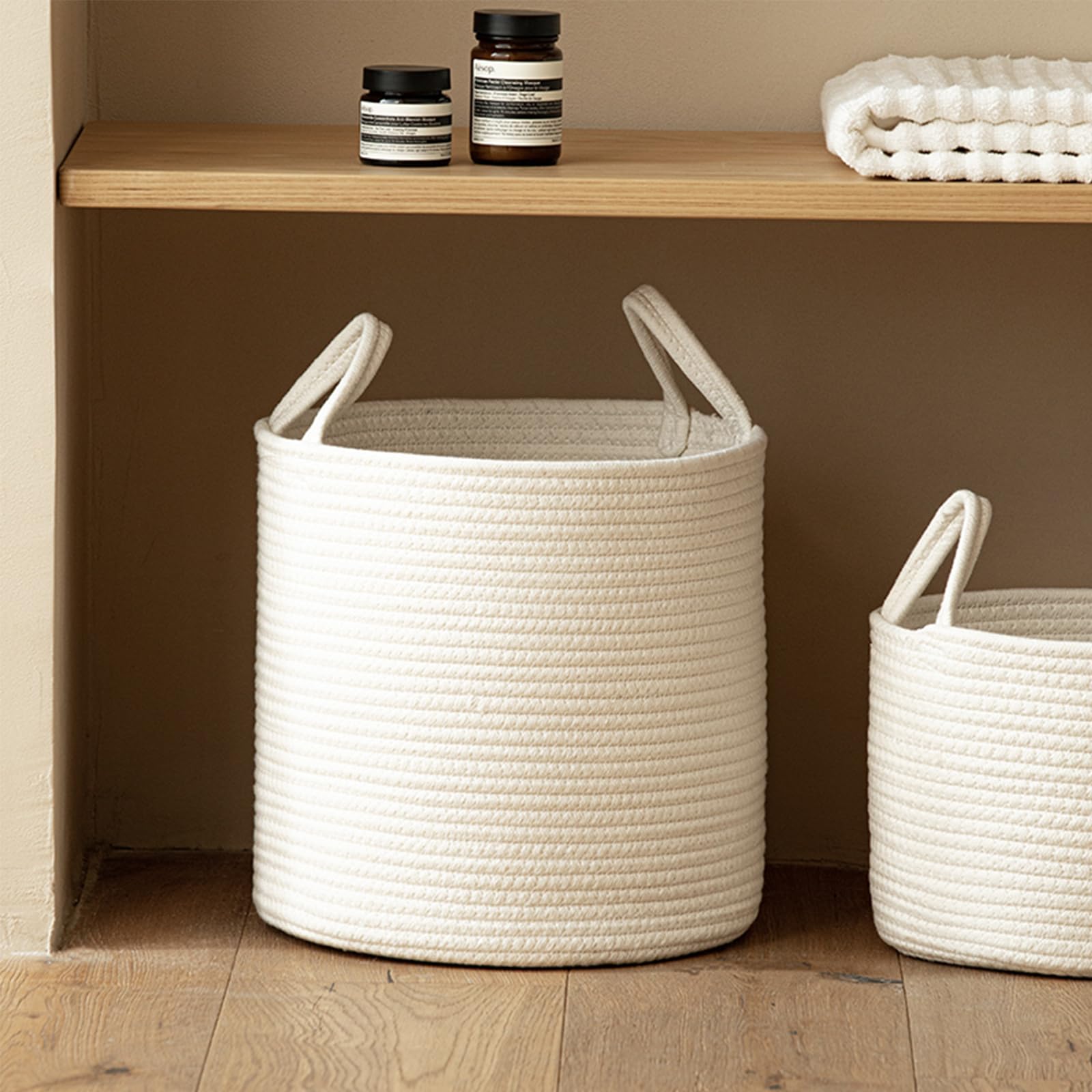 Panier de rangement beige, panier rond en corde de coton, panier pour linge sale, boîte de rangement, convient pour les jouets, couvertures, linge sale, petites choses, collations (Beige, M)