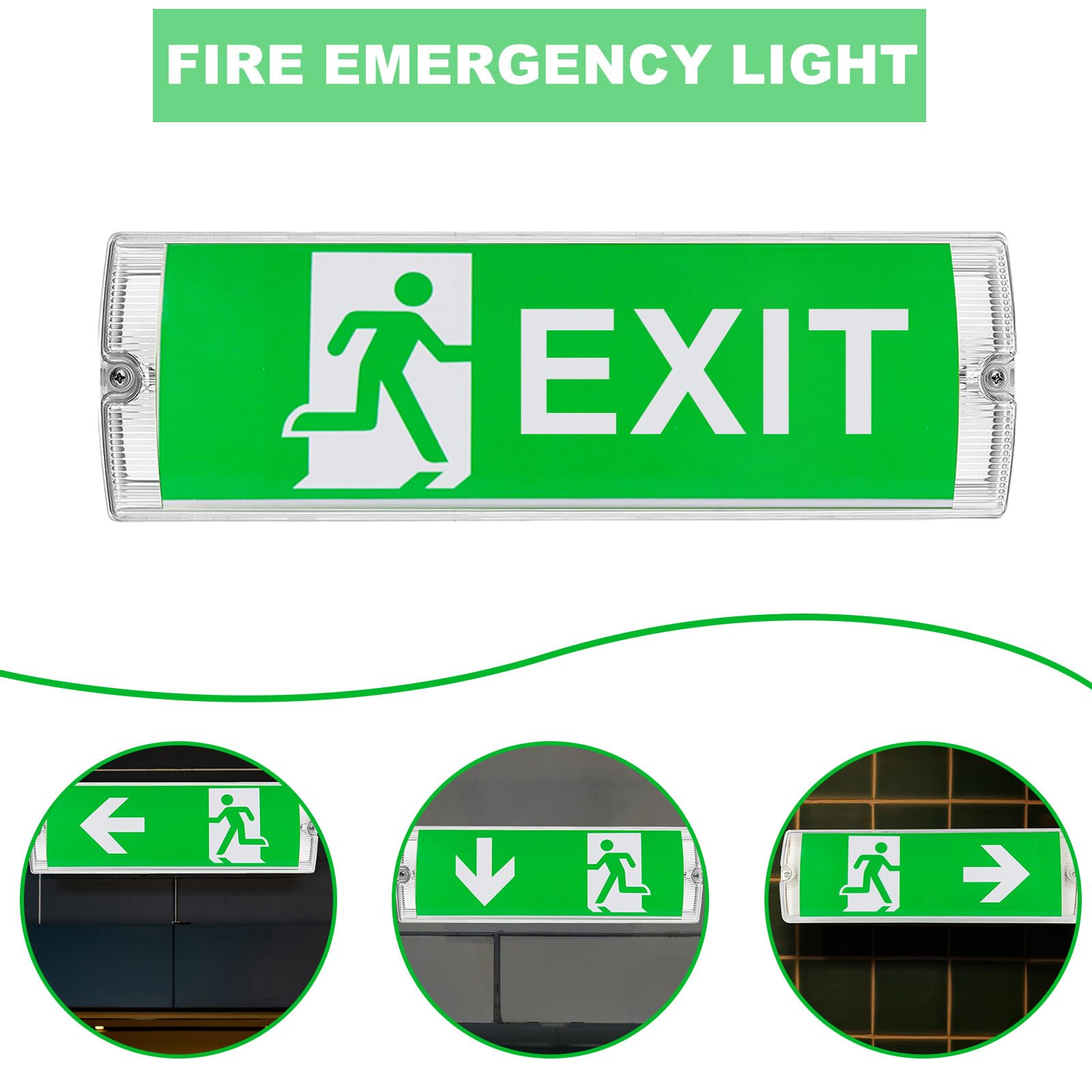Leikurvo Éclairage LED secours, lampe de sortie de secours avec batterie jusqu'à 3 h, panneau de 4 pictogrammes