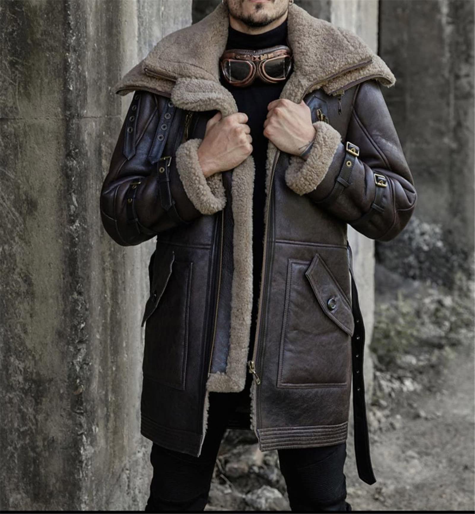 ブラウンレザーコート ファー付き ブラウンレザージャケット ファー付き セール】ファー襟付き フェイク