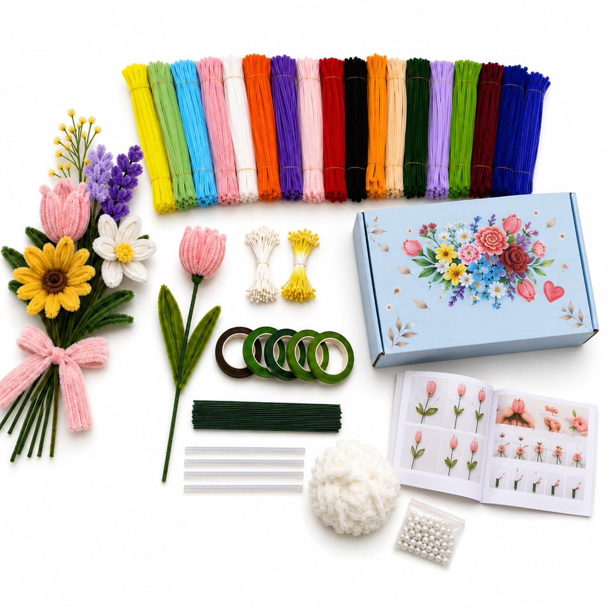 ELESKY Kit Fleurs en Fil Chenille 1000 Pièces, Cure-Pipes DIY