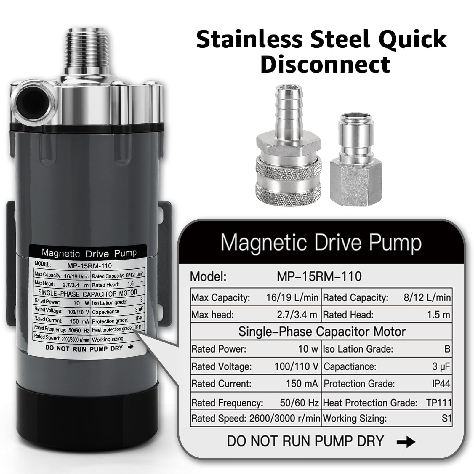 MRbrew Wort Pump Quick Disconnect Set for Wort Transfer, Magnetic Stainless Steel Beer Pump Brew with 1/2” NPT Thread Quiet Operation High Temperature Resistance for Homebrew Brewing (Grey)