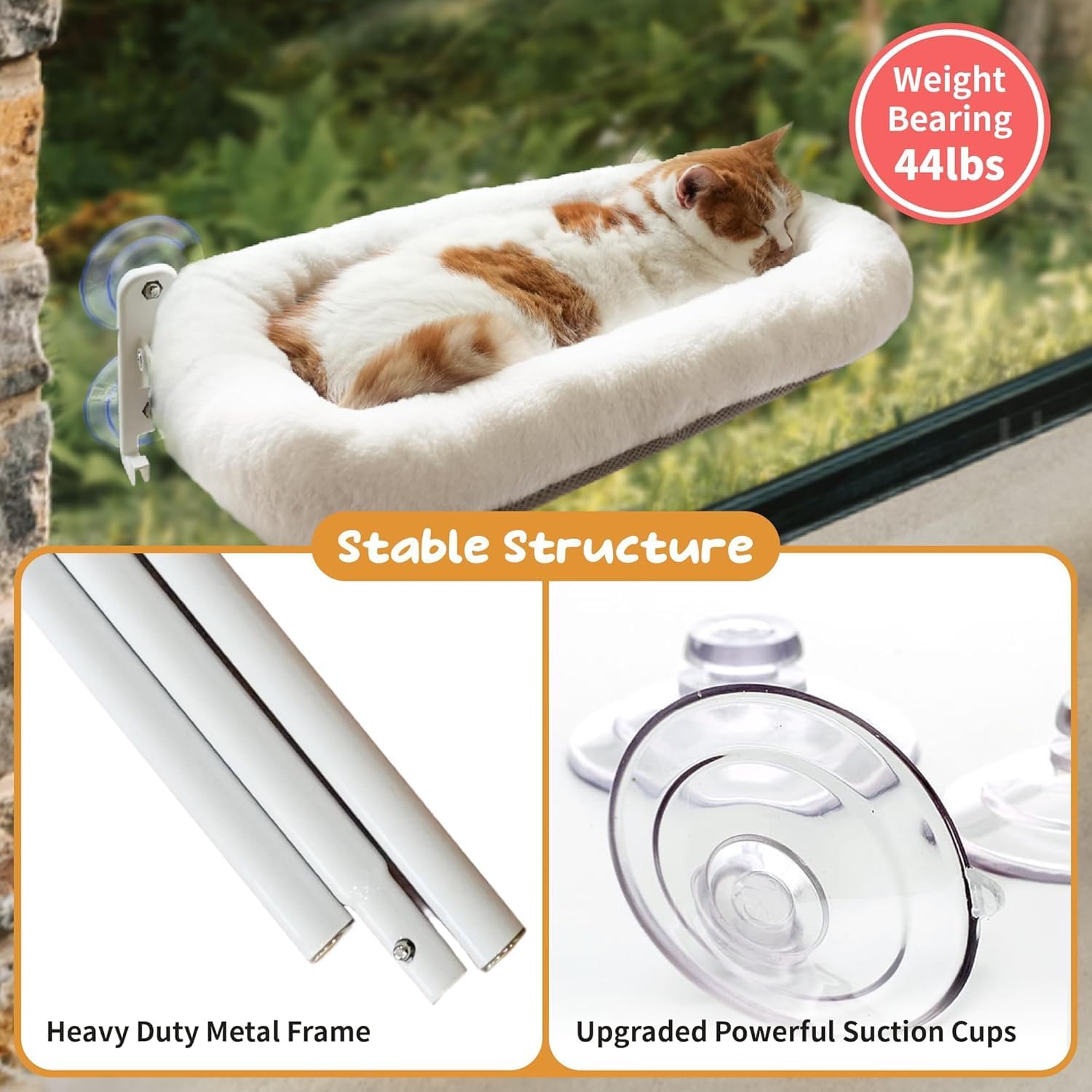 Cordless Cat Window Perch, Foldable Cat Window Hammock, 4 Strong Suction Cups, Solid Metal Frame, Patented Hook Design (Cushion White L)